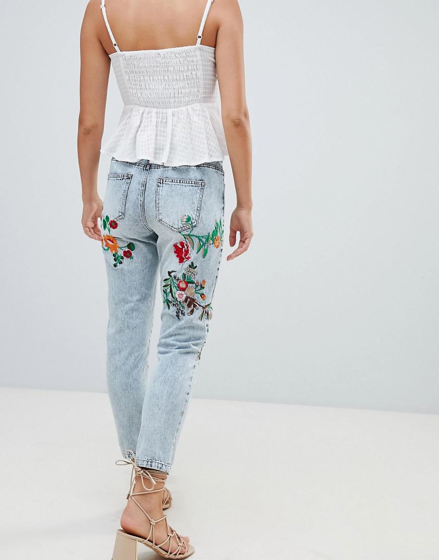ONLY Denim Tonni Floral Embroidered Jeans in Blue | Lyst