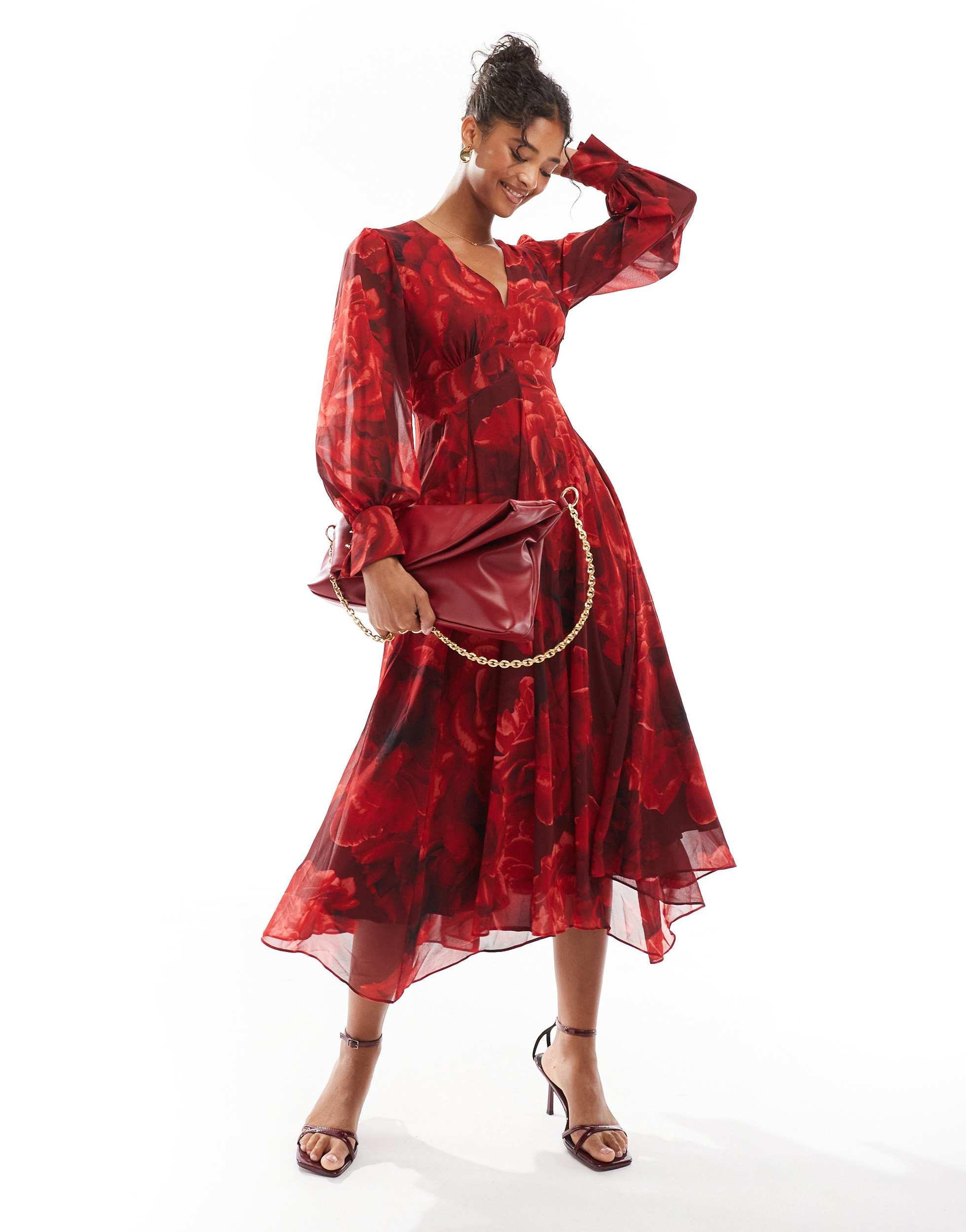 chinese dress ladies Kristyn Long Sleeve Midi Dress - Red main image 1