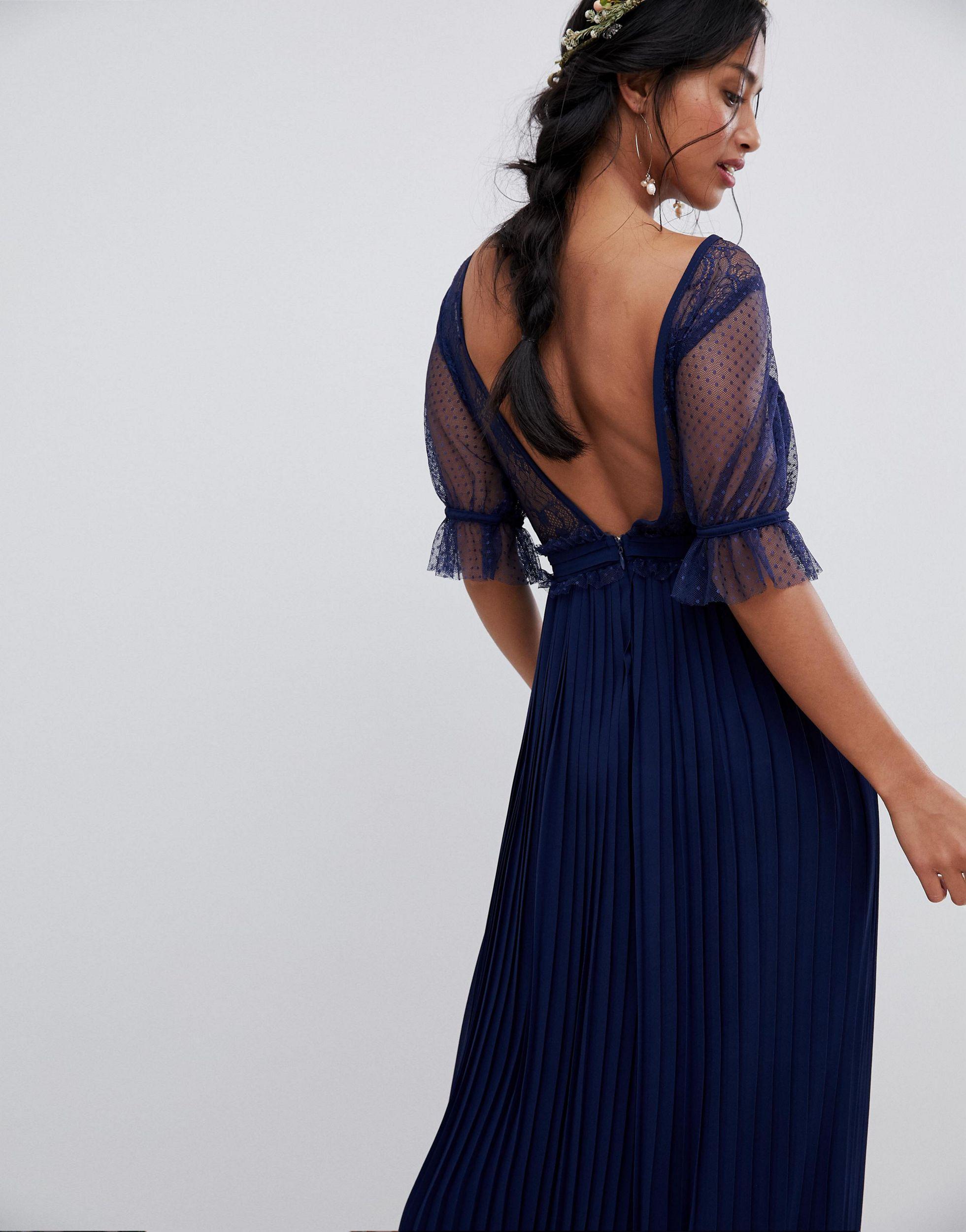 tfnc petite pleated maxi bridesmaid dress with spot mesh frill detail