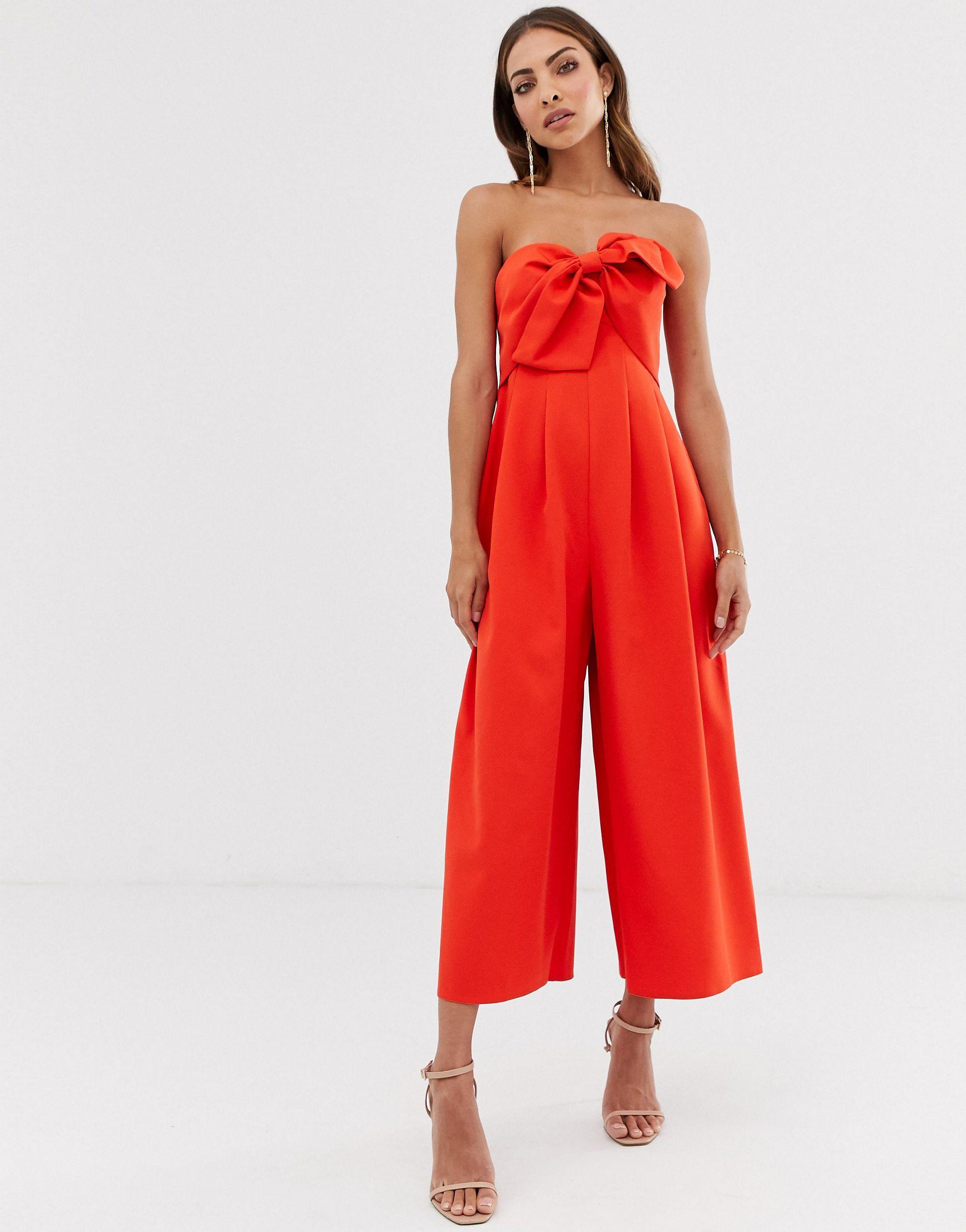 ASOS Bandeau Culotte Jumpsuit With Big Bow Detail in Red | Lyst