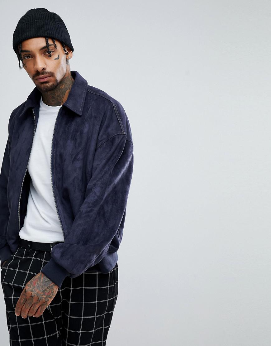 Download ASOS Denim Oversized Faux Suede Harrington Jacket In Navy ...