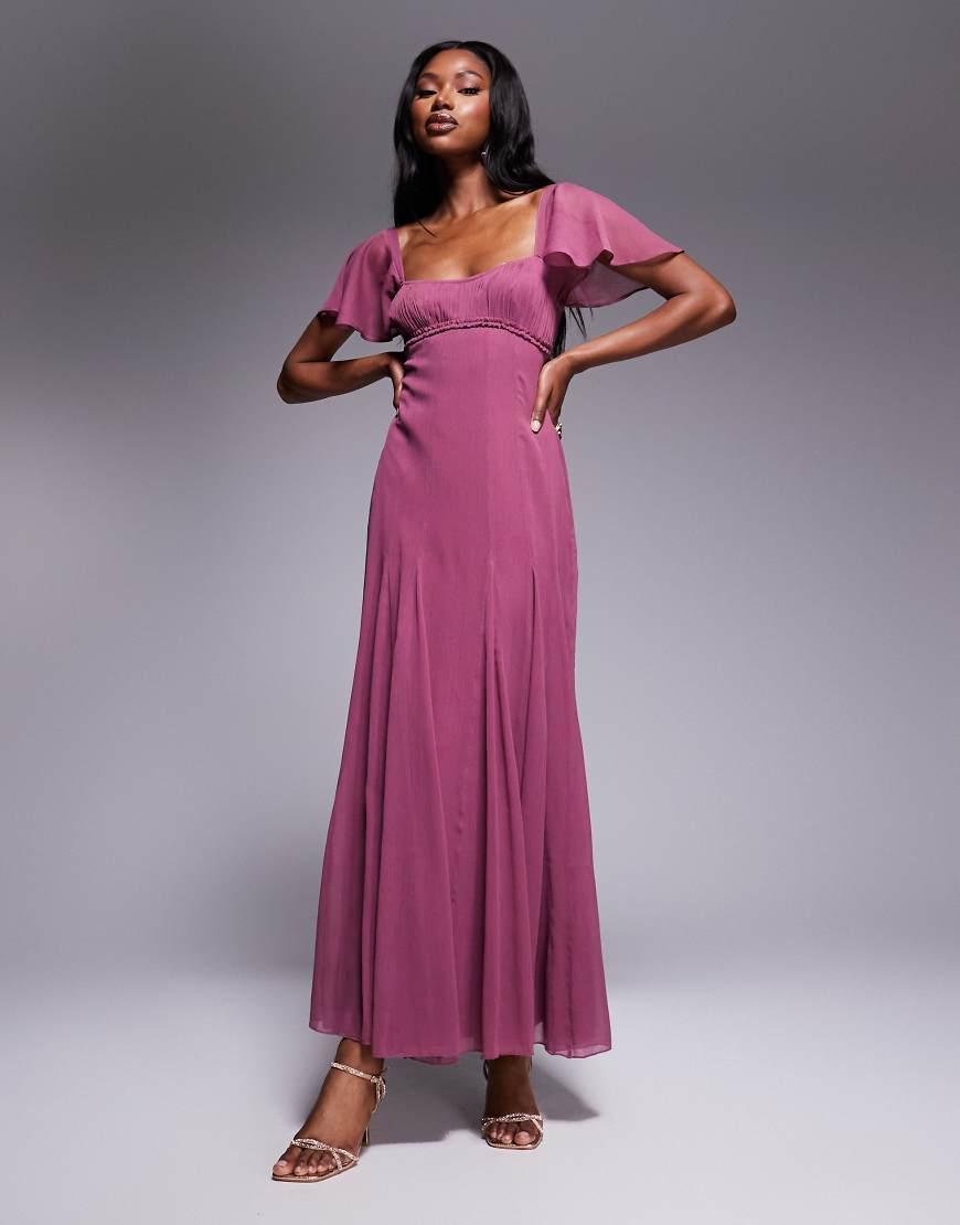 ASOS Ruched Bust Flutter Sleeve Midaxi Dress With Godets in Purple