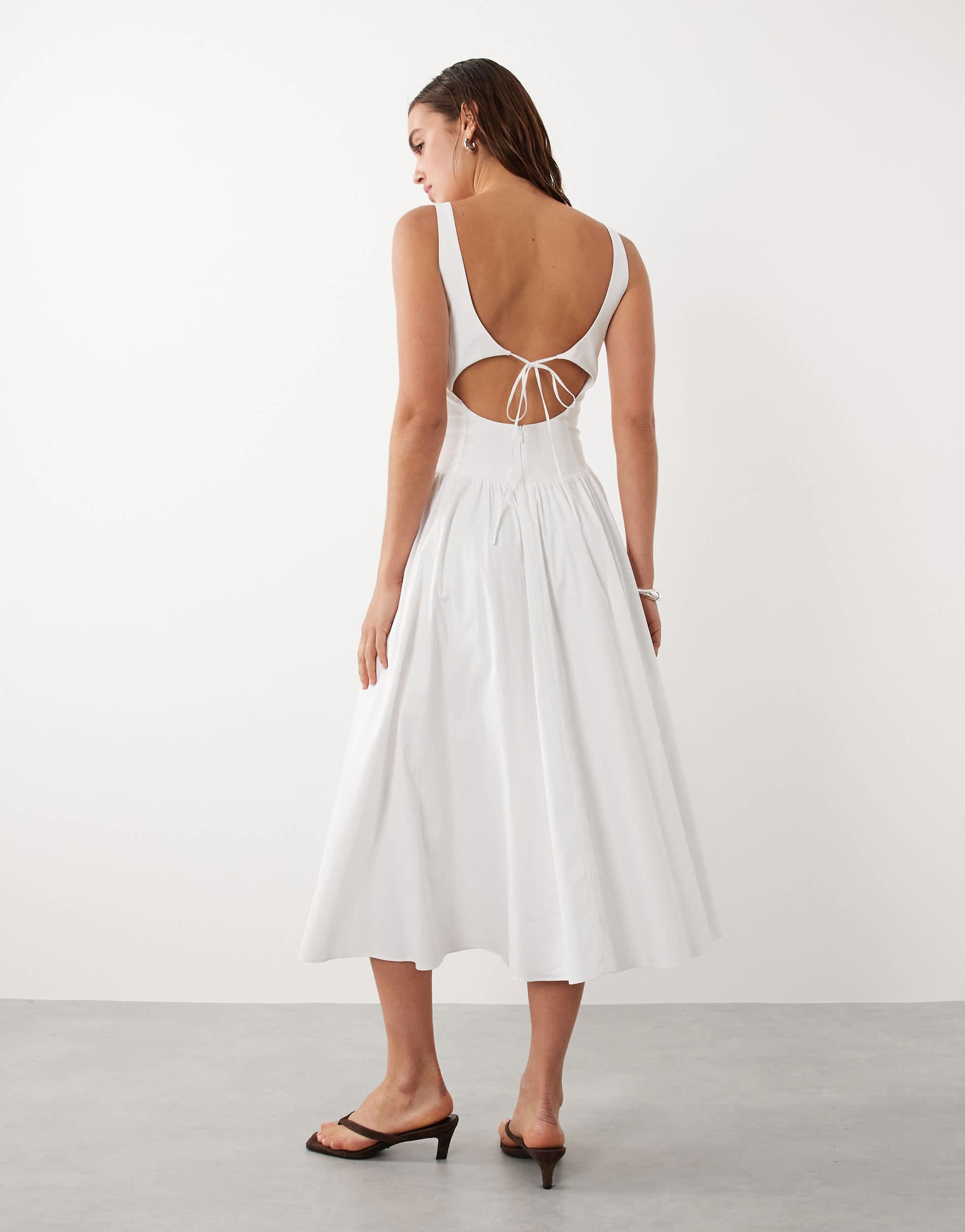 Mango Starring Hailey Bieber Cotton Mix Scoop Neck Drop Waist Maxi Dress in White