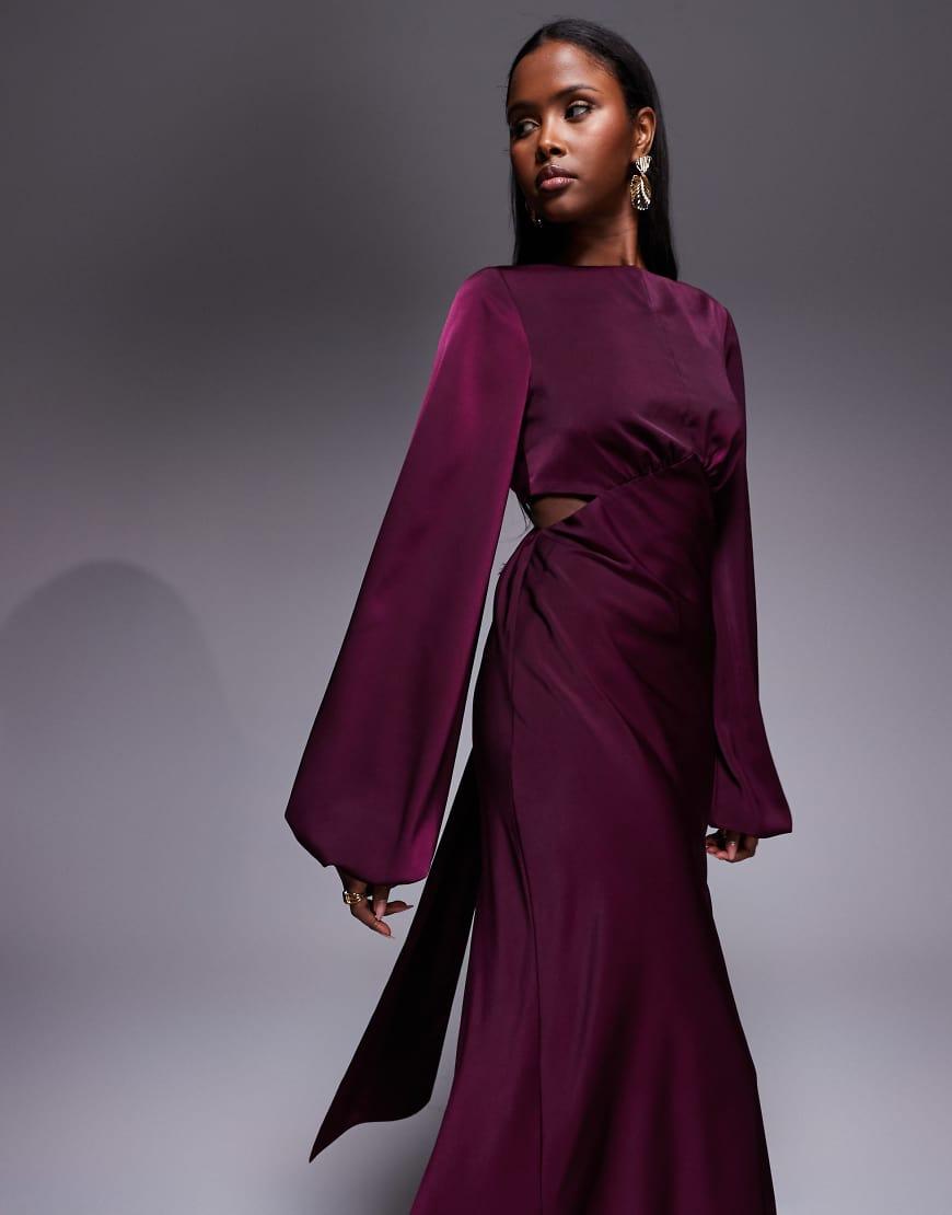 asos purple dress long sleeve ASOS DESIGN satin drape long sleeve off the shoulder mini dress in plum