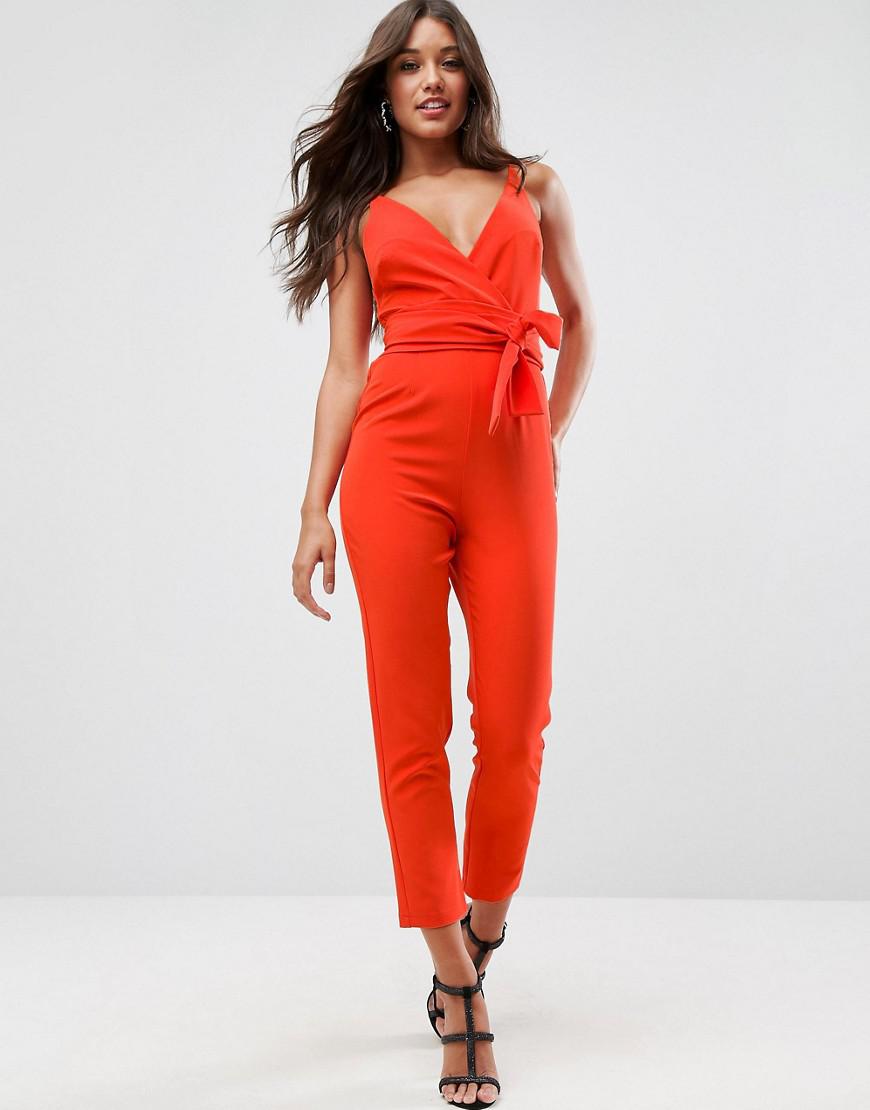 ASOS Synthetic Wrap Front Jumpsuit With Peg Leg And Self Belt in Red - Lyst