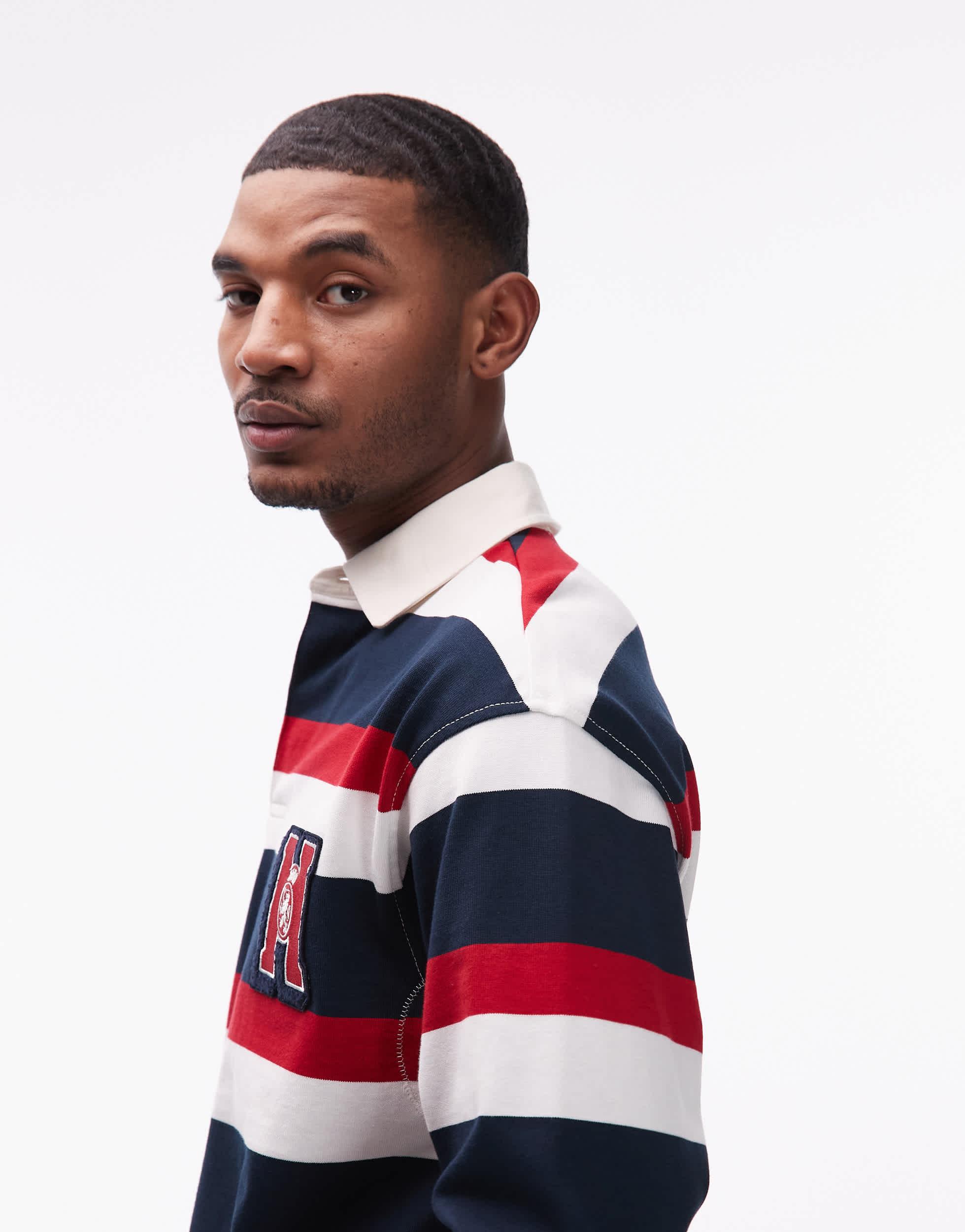 Tommy Hilfiger Crest Chest Graphic Logo Striped Rugby Polo Shirt 