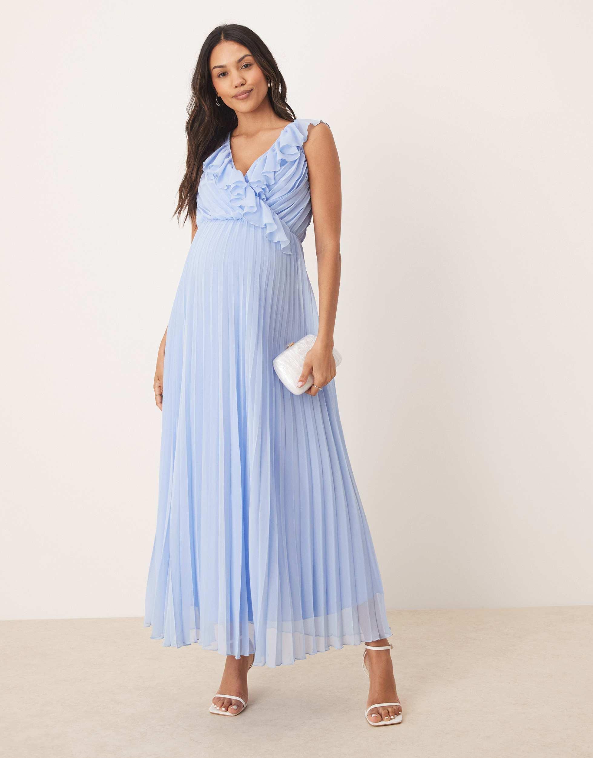 blue pleated dress asos ASOS DESIGN pleated plunge maxi dress with cinched waist and strappy b
