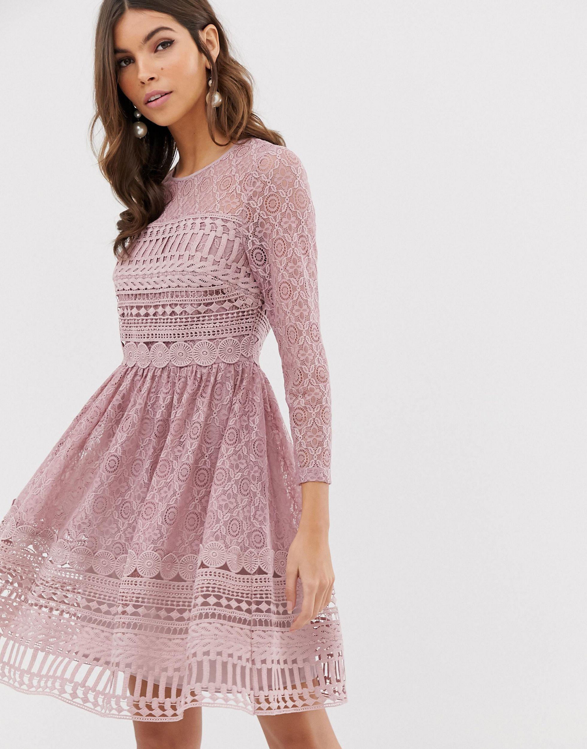 ASOS Premium Lace Mini Skater Dress in Pink - Save 47% | Lyst