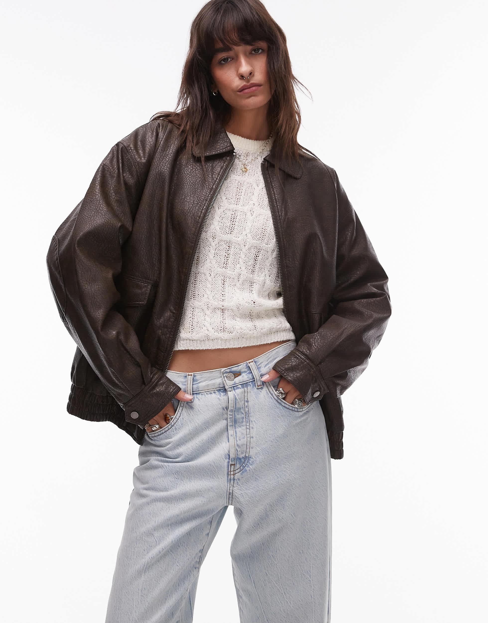 TOPSHOP Textured Faux Leather Oversized Collar Bomber Jacket in