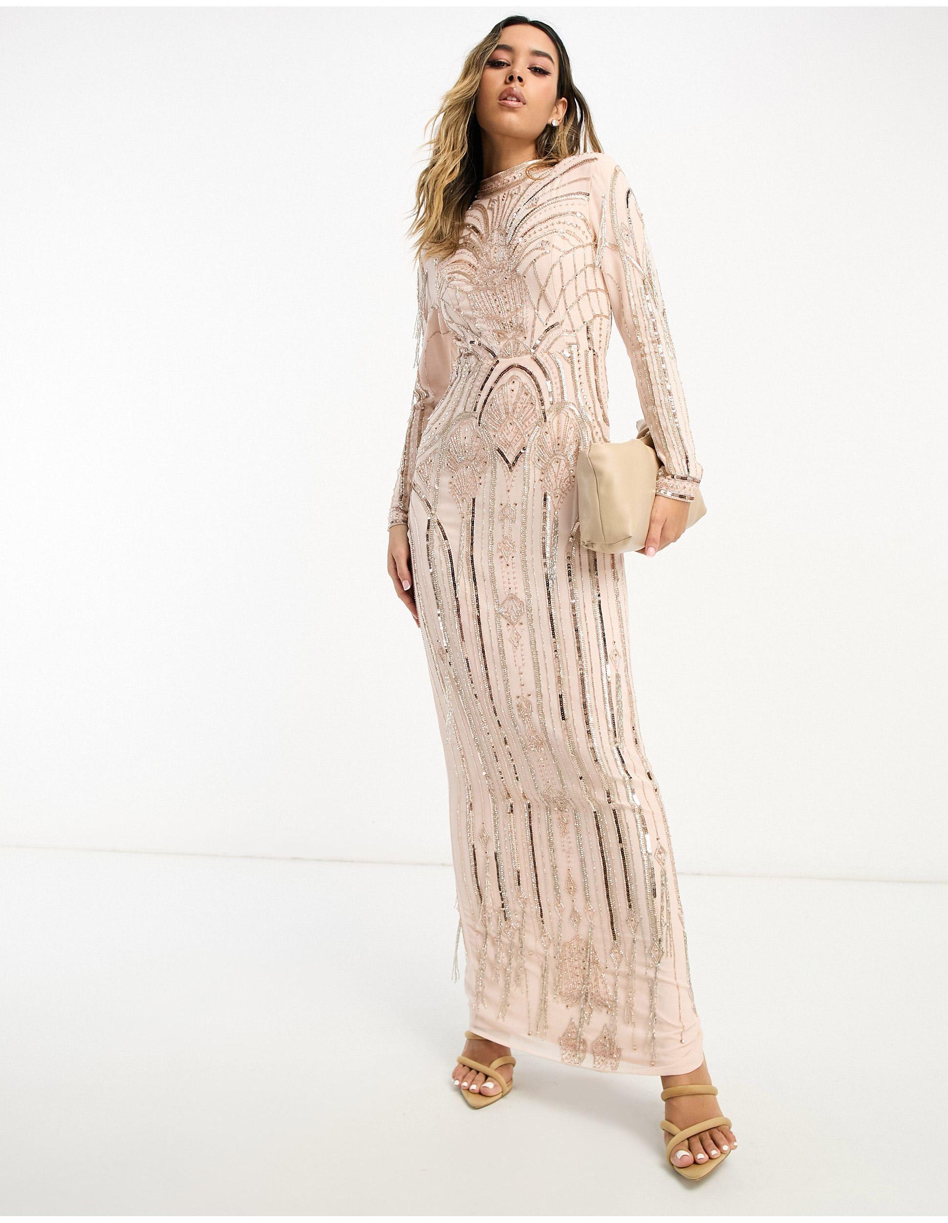 ASOS Maxi Dress With Art Nouveau Embellishment in Natural | Lyst