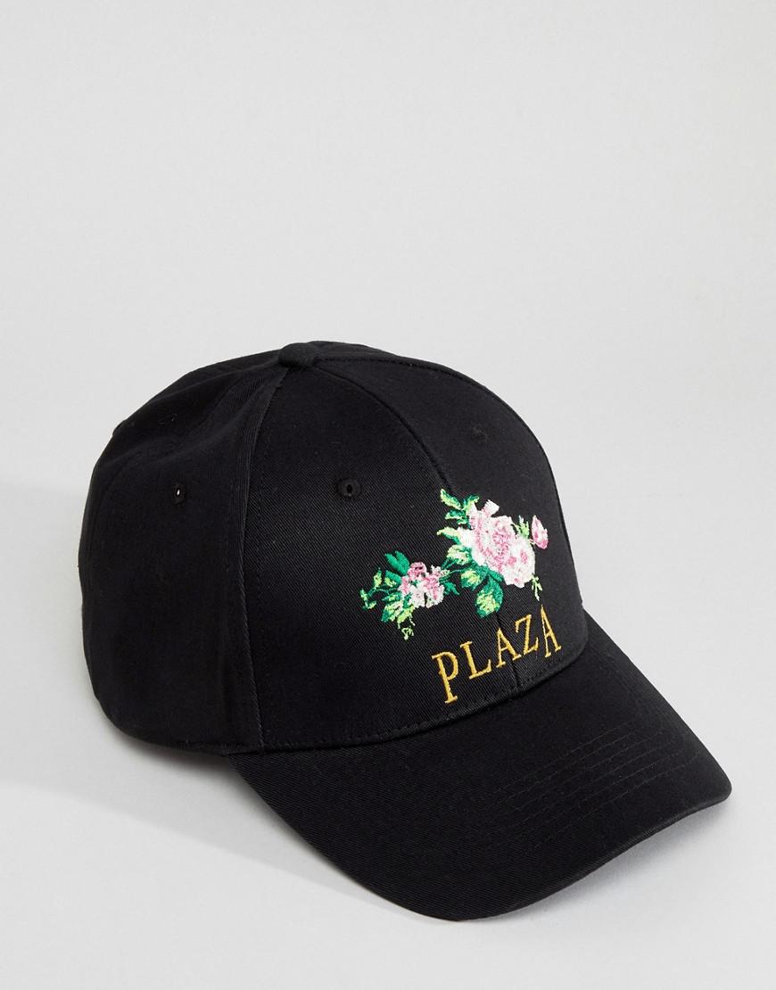 ASOS Cotton Baseball Cap In Black With Floral Plaza Embroidery for Men