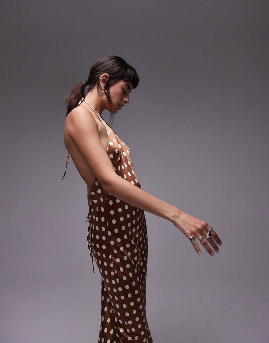 halter neck brown polka dot dress Baltic Born Womens Kearny Ruffle Maxi Dress | Brown + Natural | Color: Brown Floral main image 0