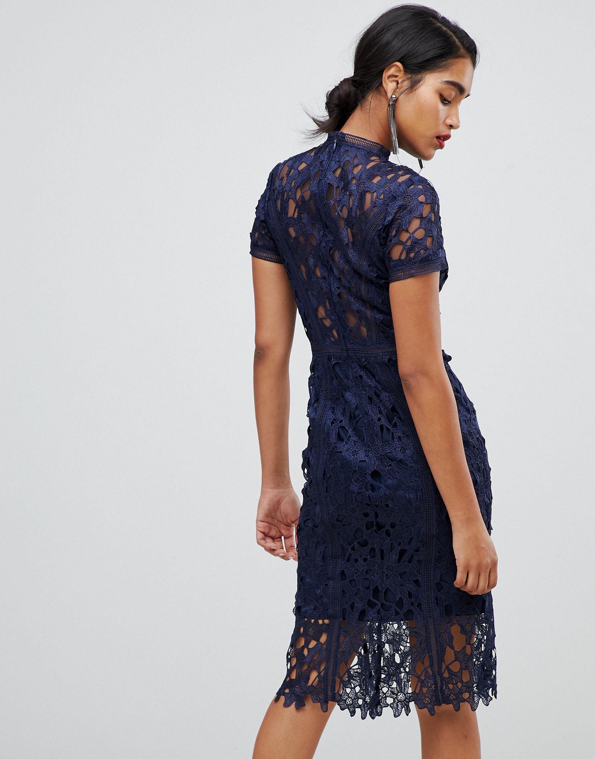 Chi Chi London High Neck Lace Pencil Dress in Blue Lyst UK