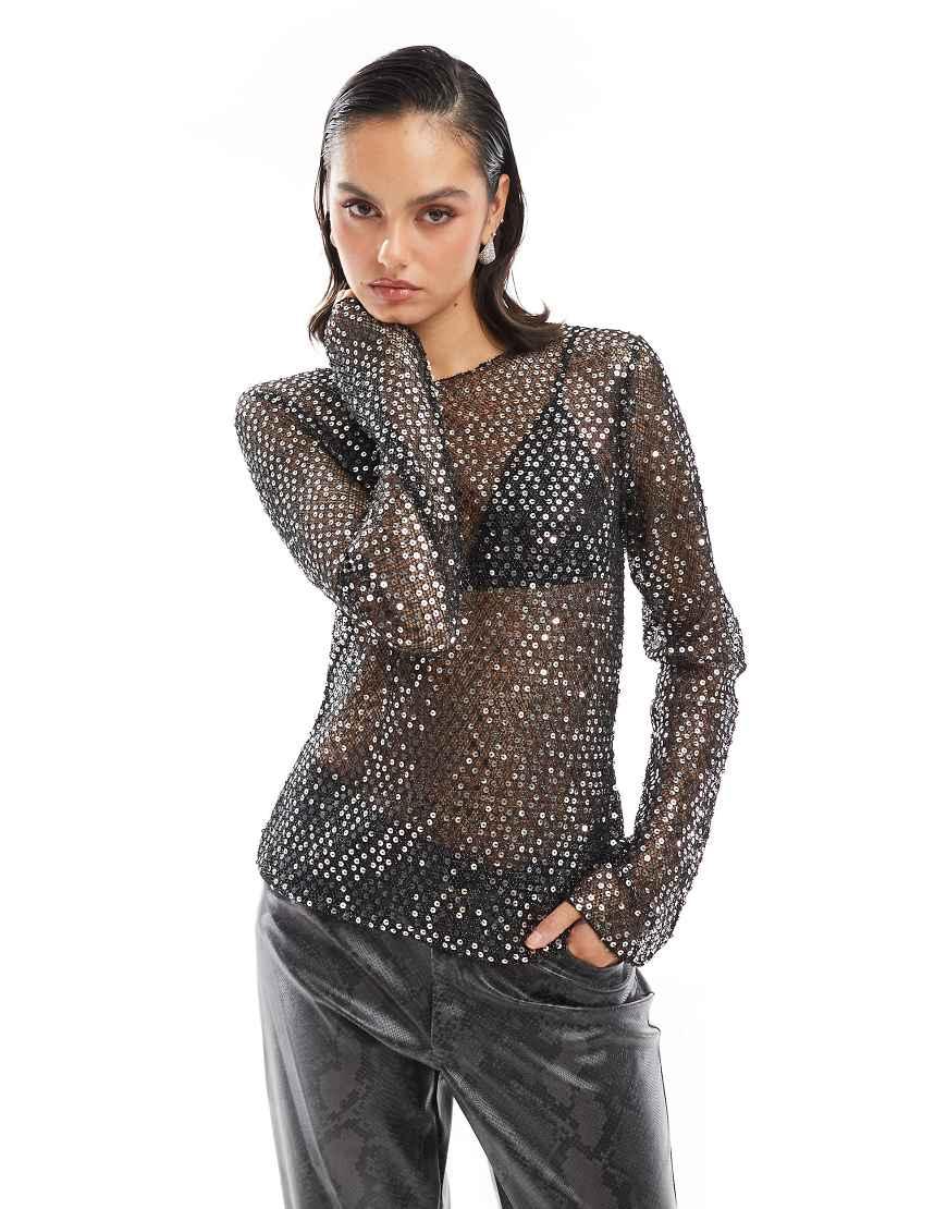 black sequin mesh top