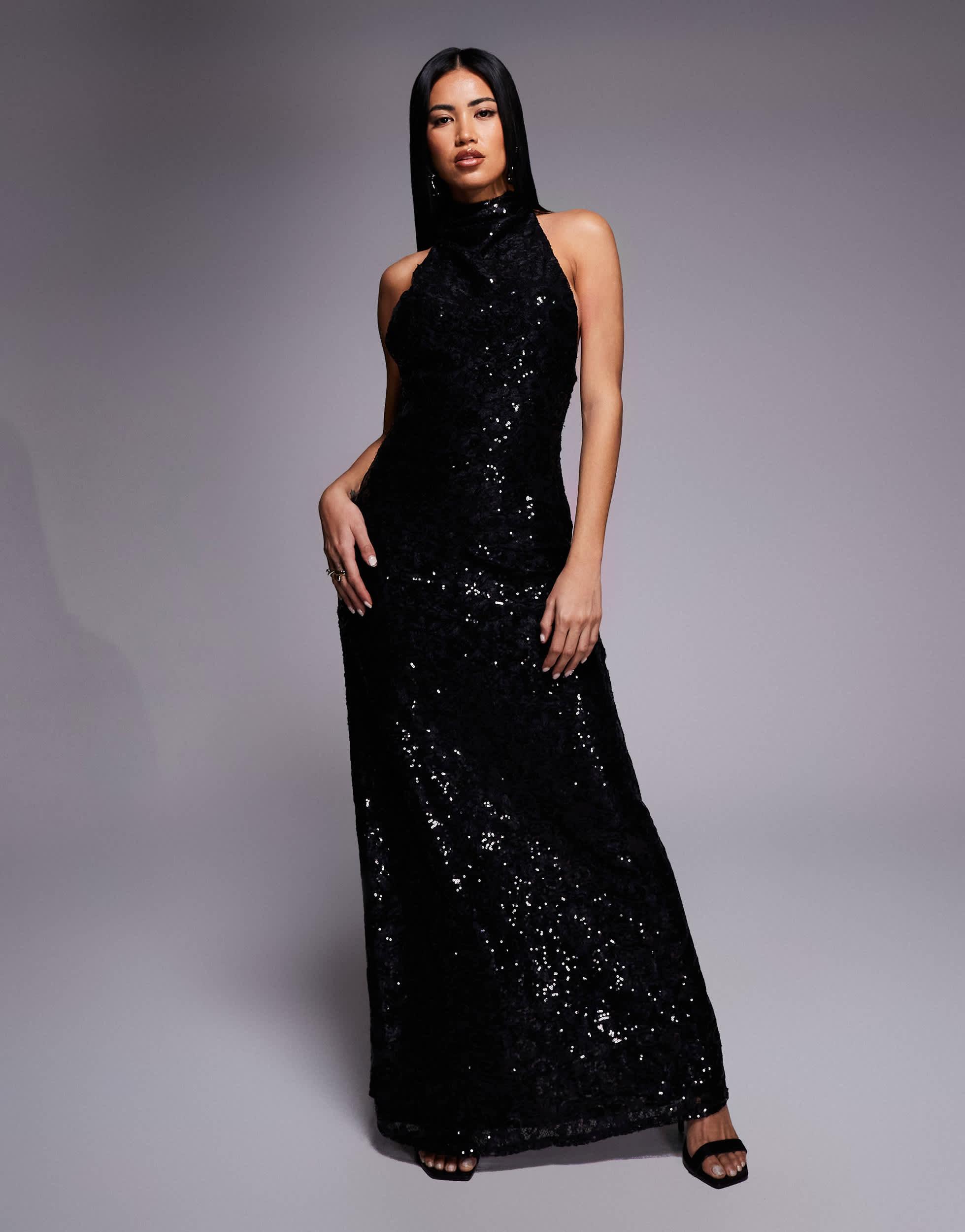 green emerald velvet dress Rent ASOS DESIGN Frill Plunge Maxi Dress In Black main image 0