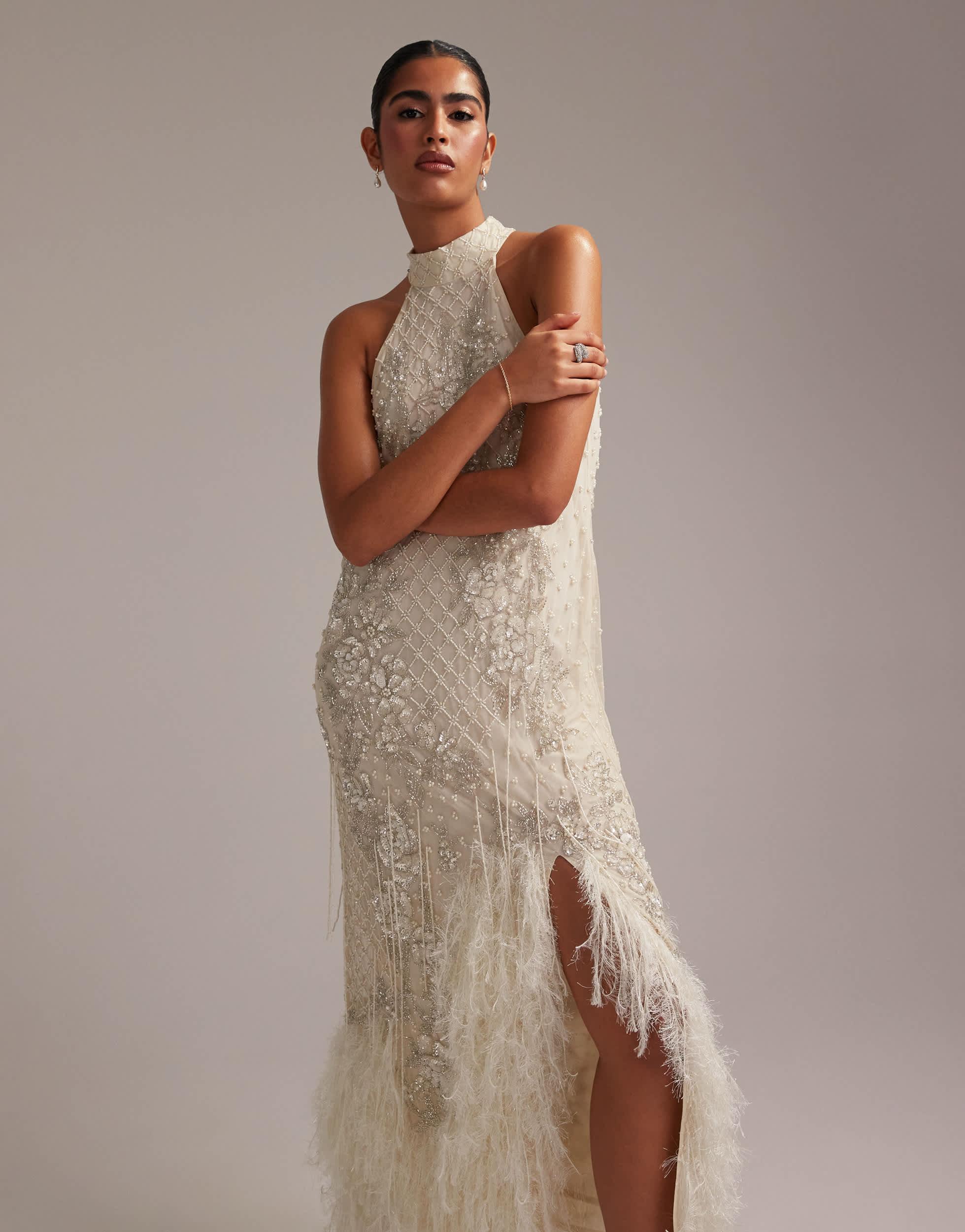 ASOS Floral Embellished Halter Maxi Wedding Dress With Fringe Hem-white in  Brown | Lyst Canada
