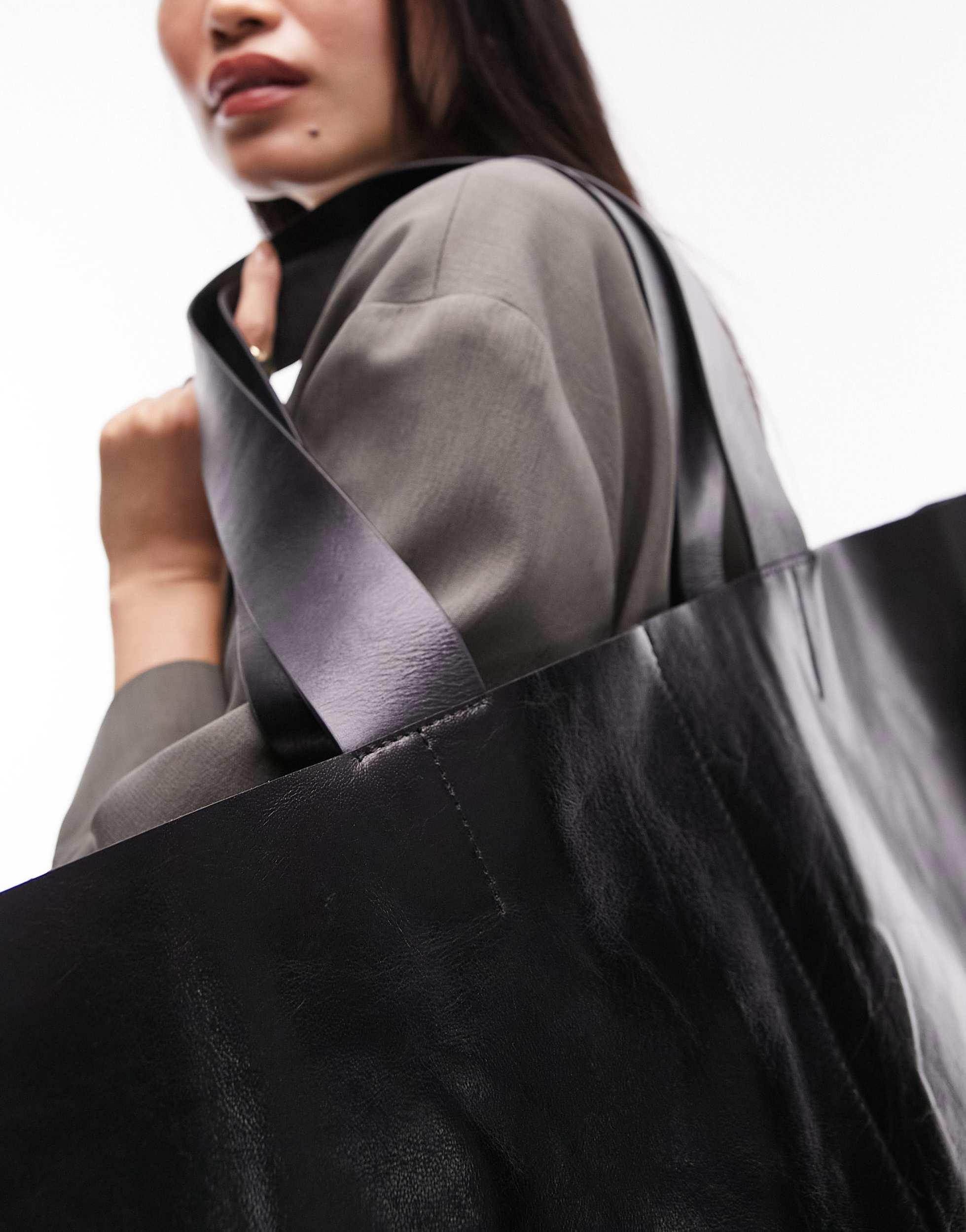 Topshop Black Leather Bag TOPSHOP Lucy Leather Oversized Tote Bag