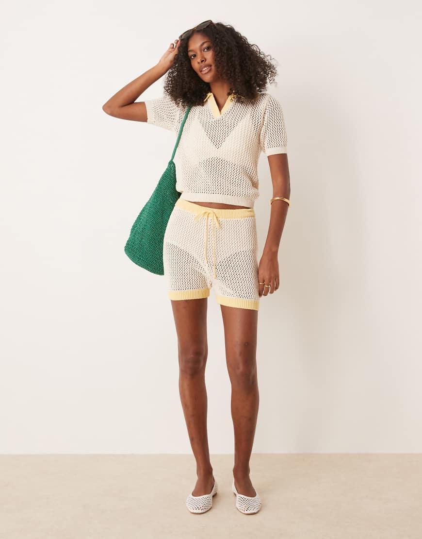 ASOS Co-ord Knitted Open Stitch Contrast Trim Shorts in Natural