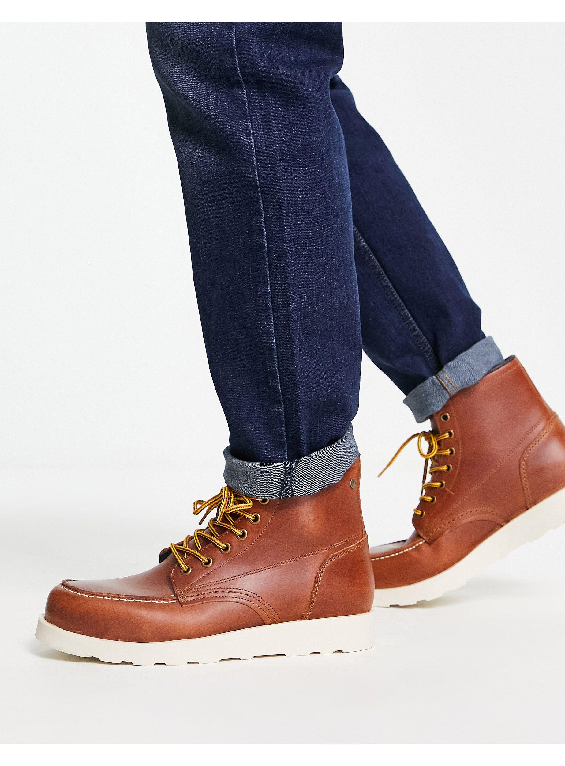 Jack & Jones Leather Mock Toe Lace Up Boots in Blue for Men | Lyst