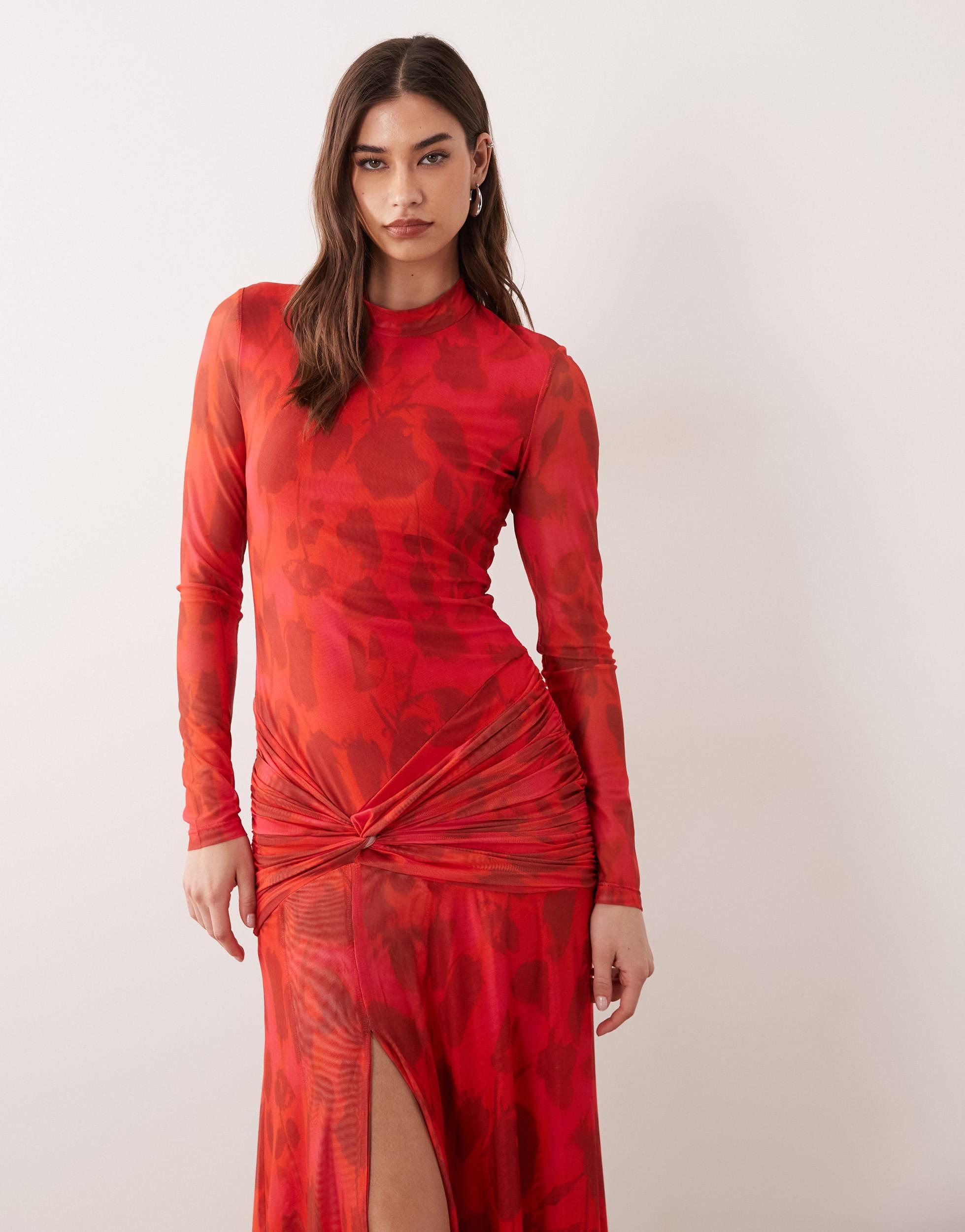 bardot lea drop waist mesh maxi dress BARDOT Lea Printed Mesh Midi Dress