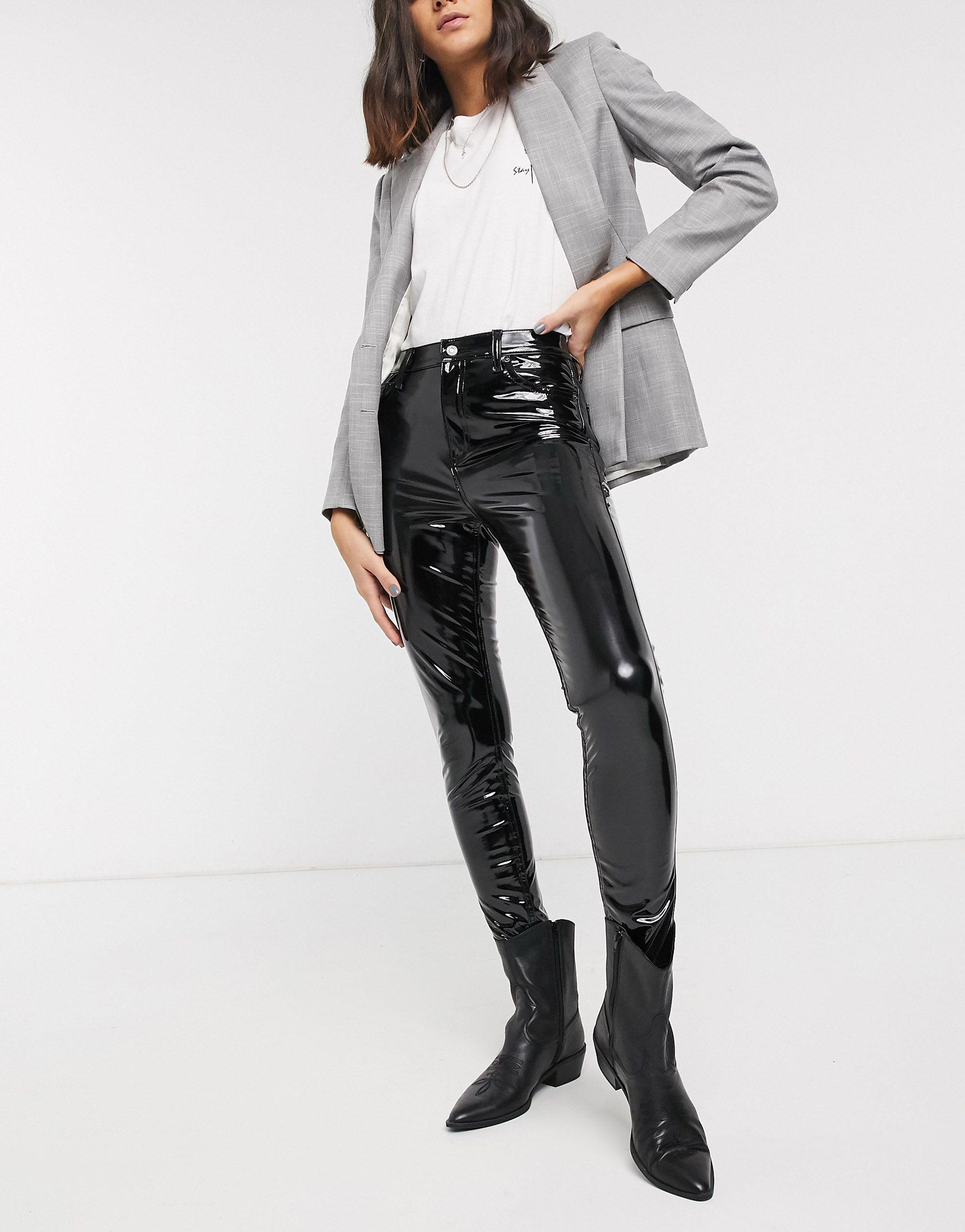 Topshop Petite faux leather straight leg trouser in black