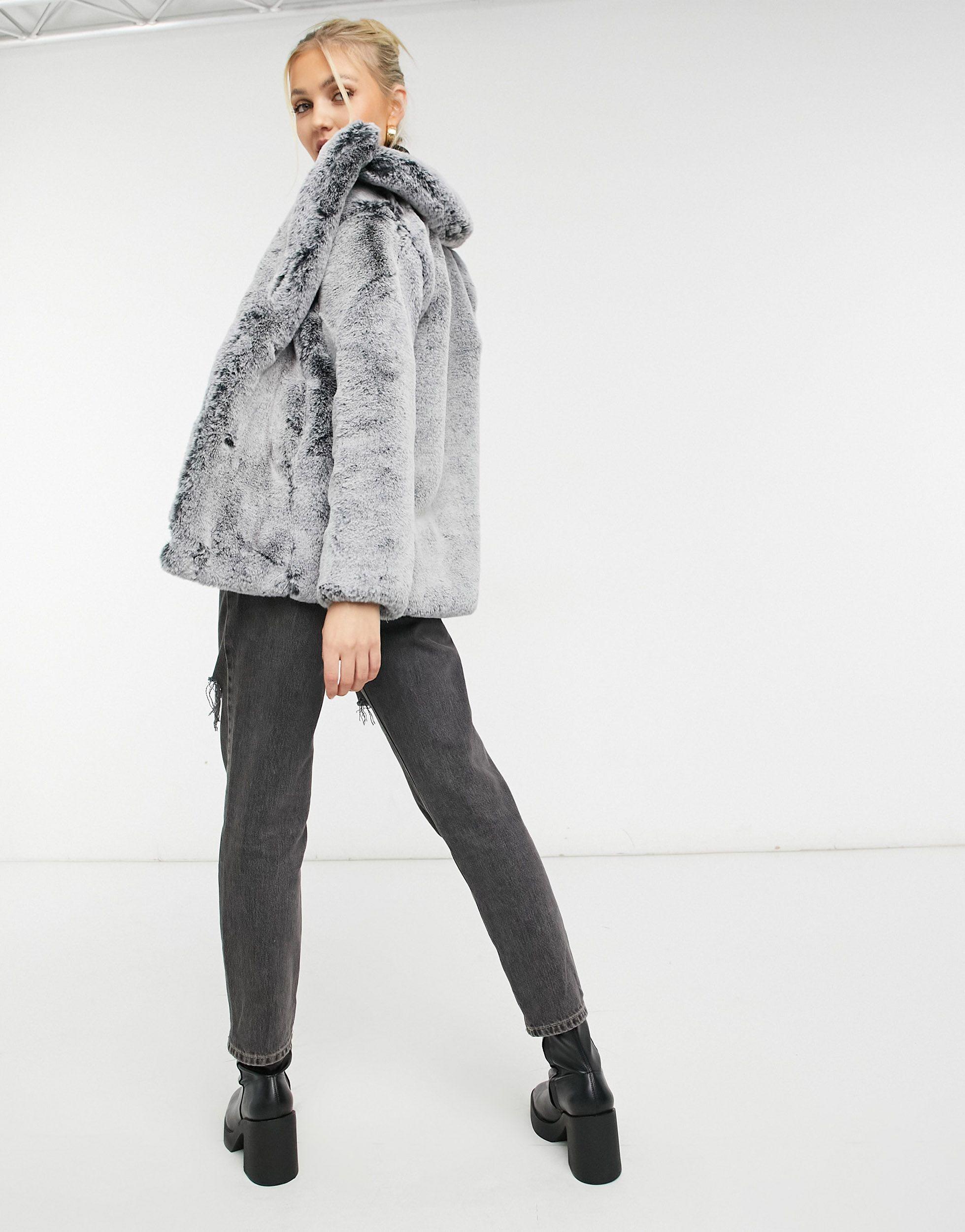 TOPSHOP Two Tone Faux Fur Jacket in Grey (Gray) - Lyst