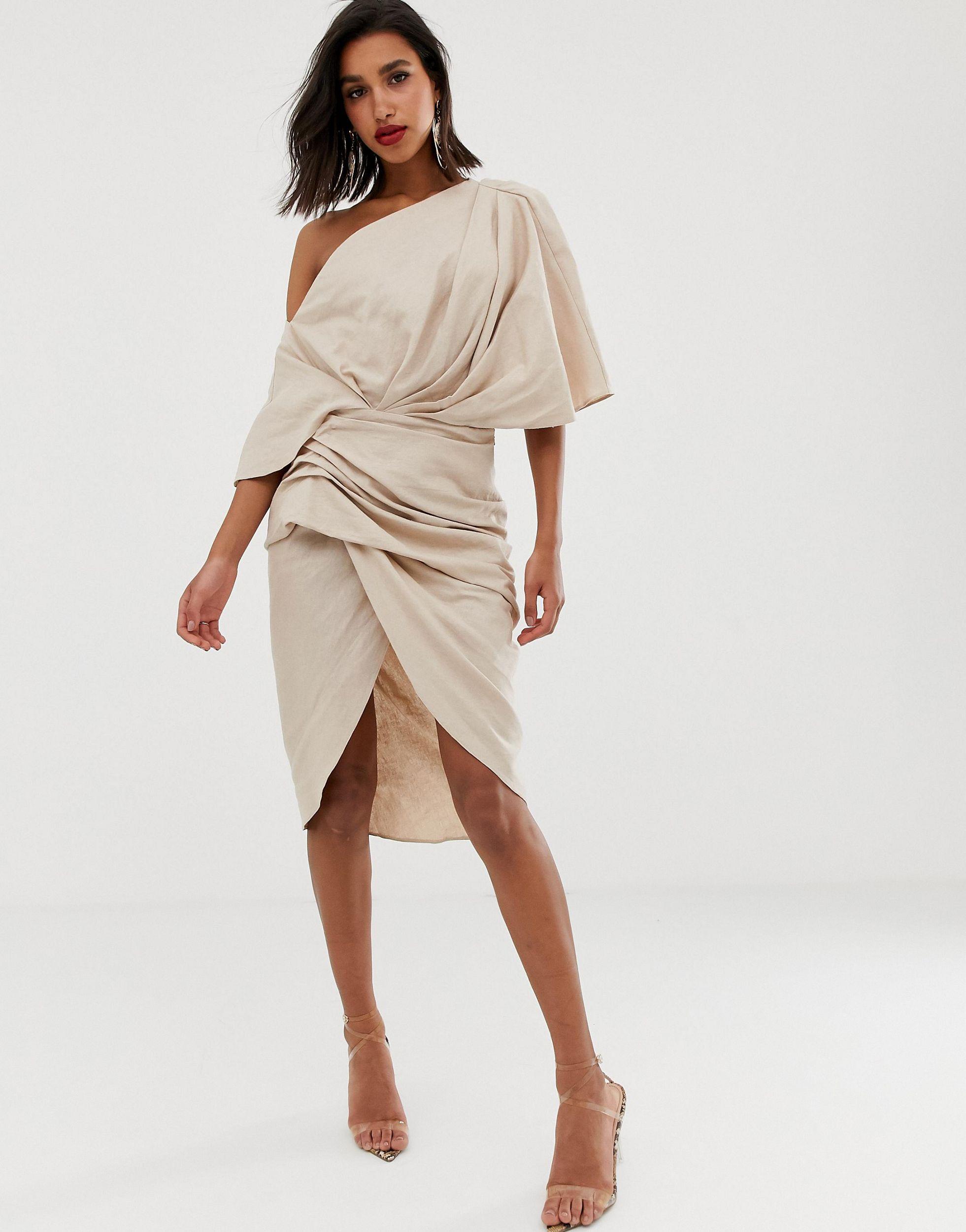 asos edition drape asymmetric midi dress in satin quality polyester ASOS Drape Asymmetric Midi Dress