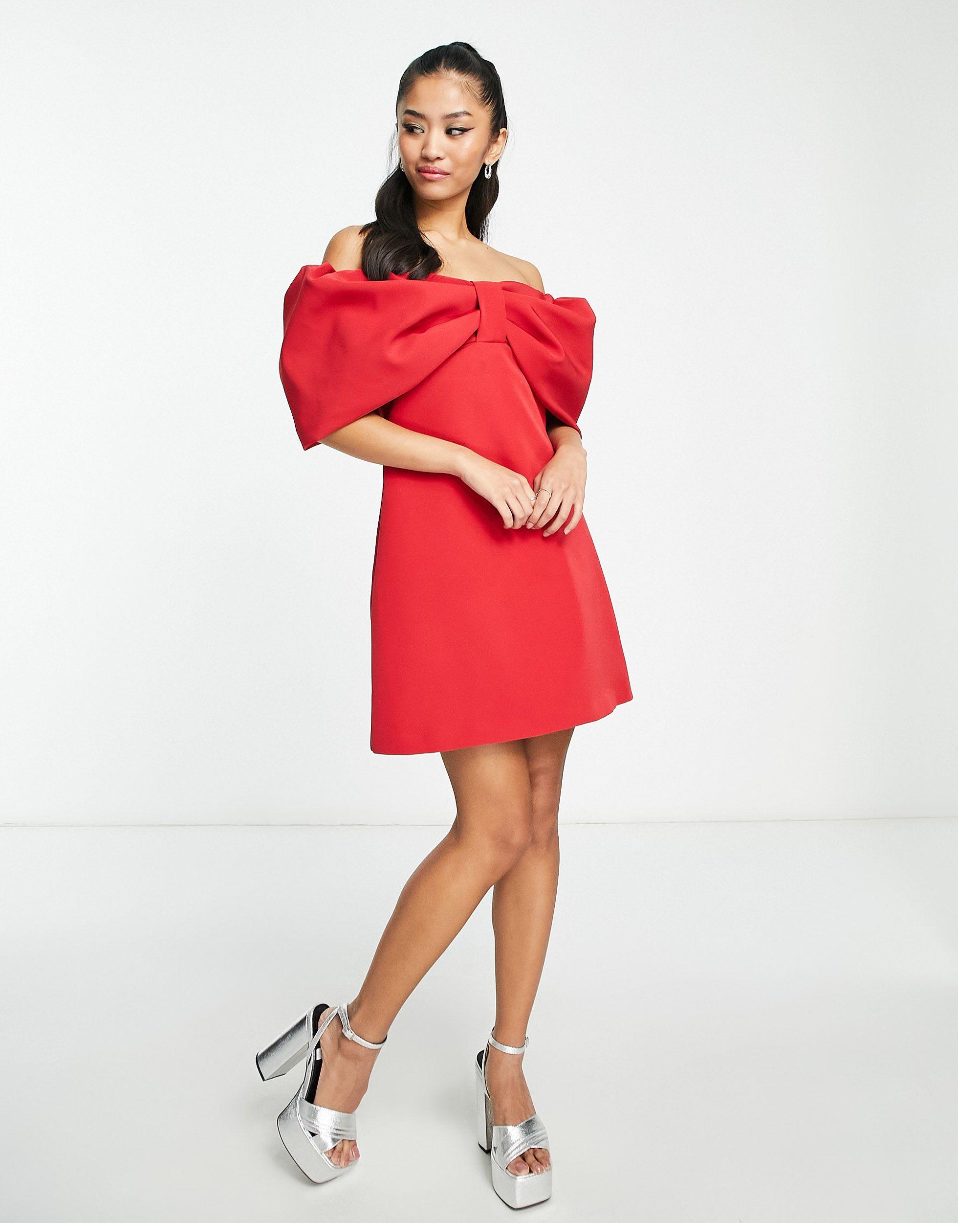 EVER NEW Fallen Shoulder Bow Mini Dress in Red | Lyst