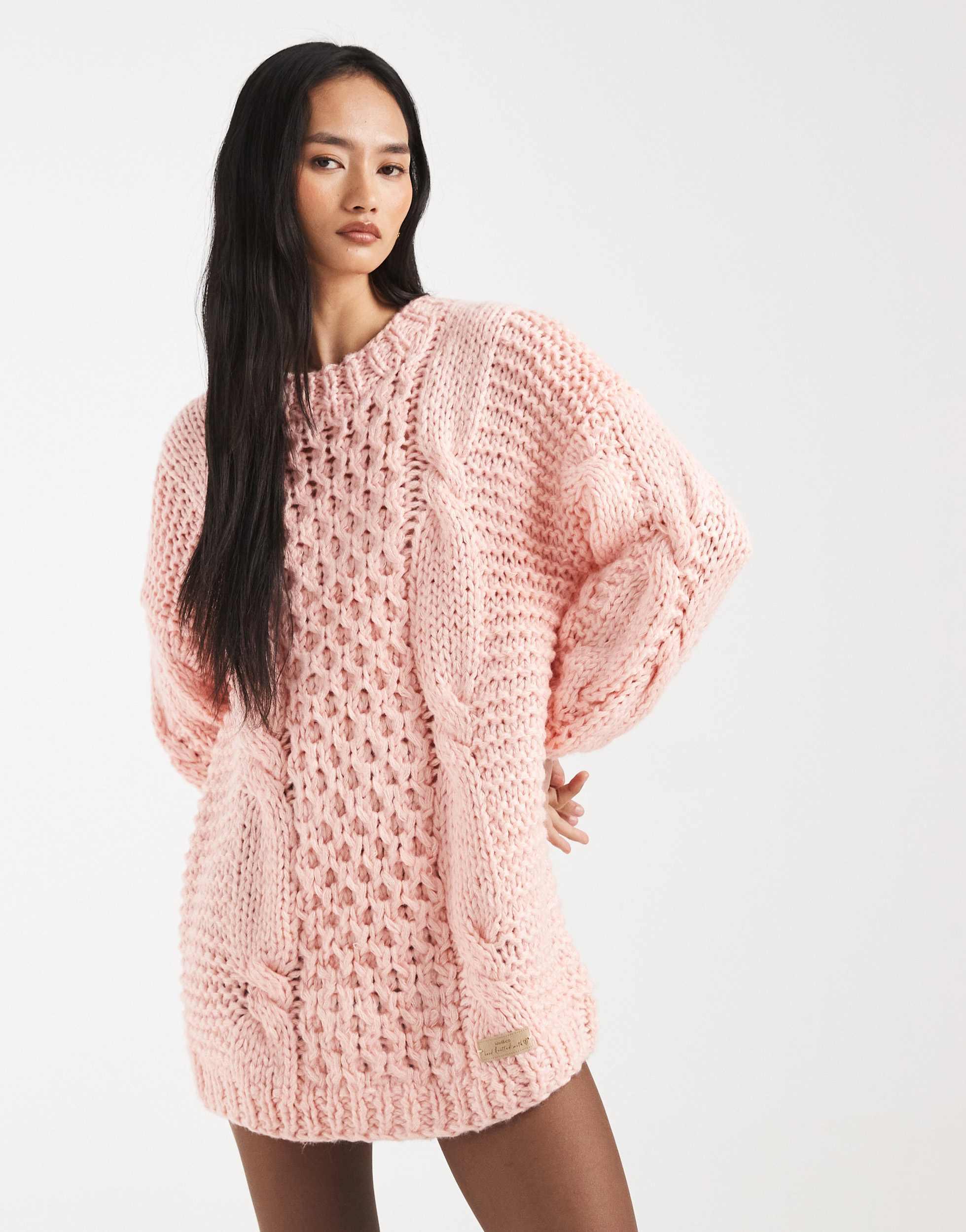 Kiwi & Co Orla Hand Knitted Cable Knit Oversized Mini Jumper Dress in Pink  | Lyst