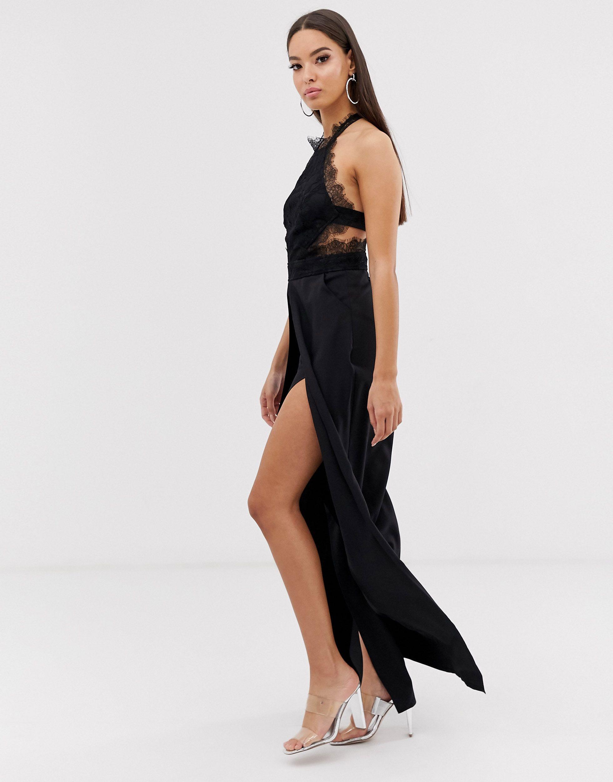 love triangle halter neck open back jumpsuit with thigh split in white
