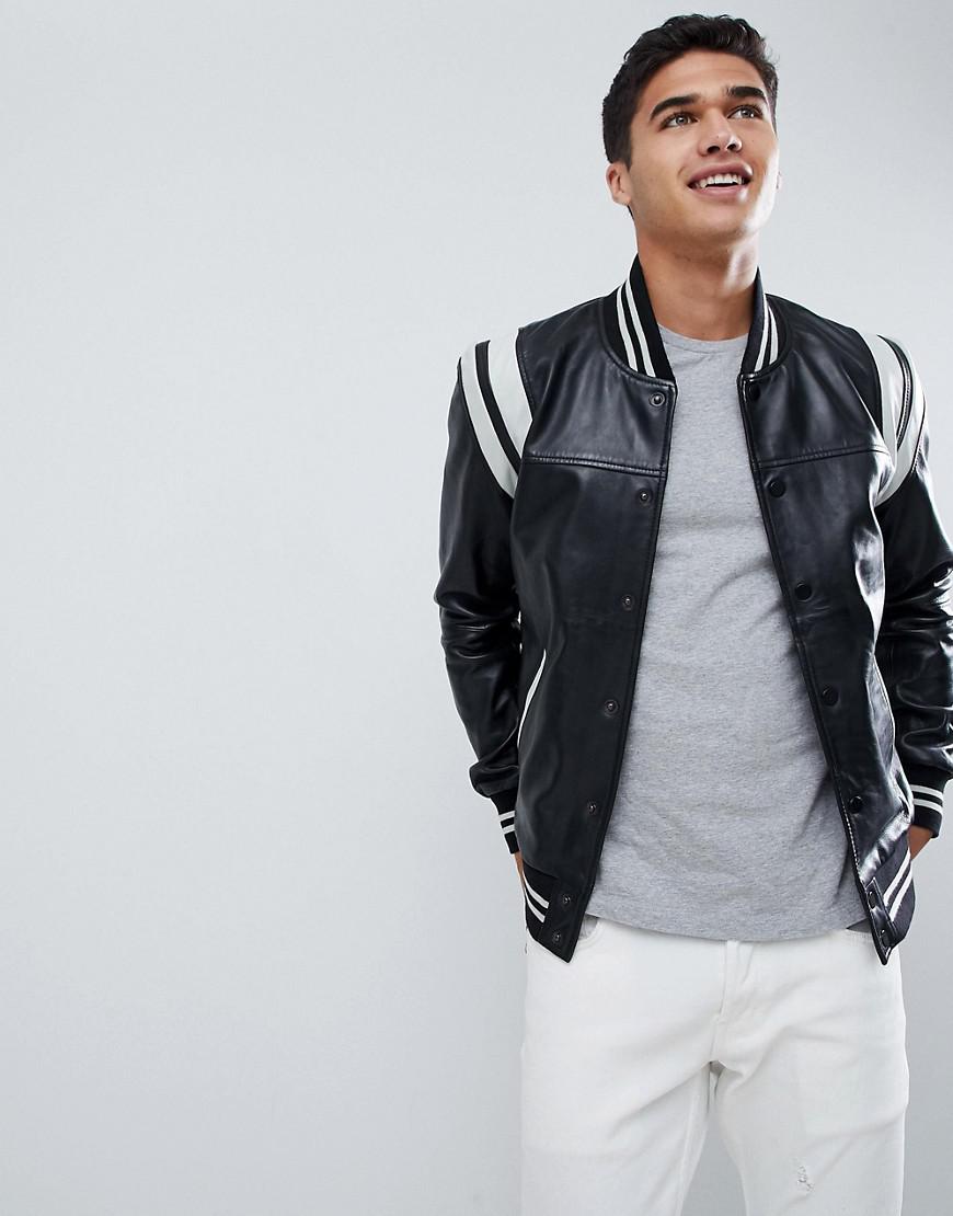 Barney's originals real leather varsity jacket with panelling Clearance