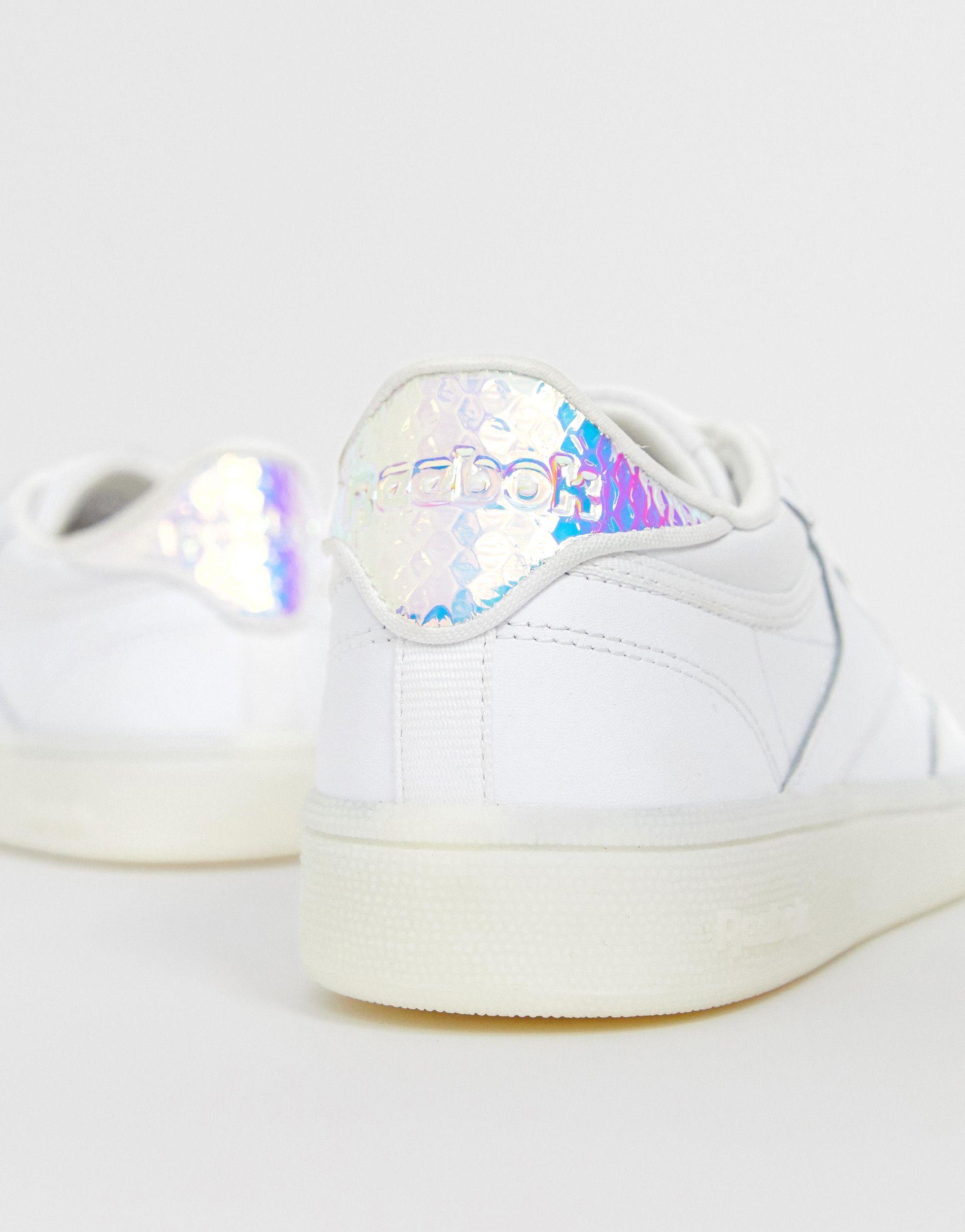 Reebok club c 85 trainers in white with iridescent back Clearance