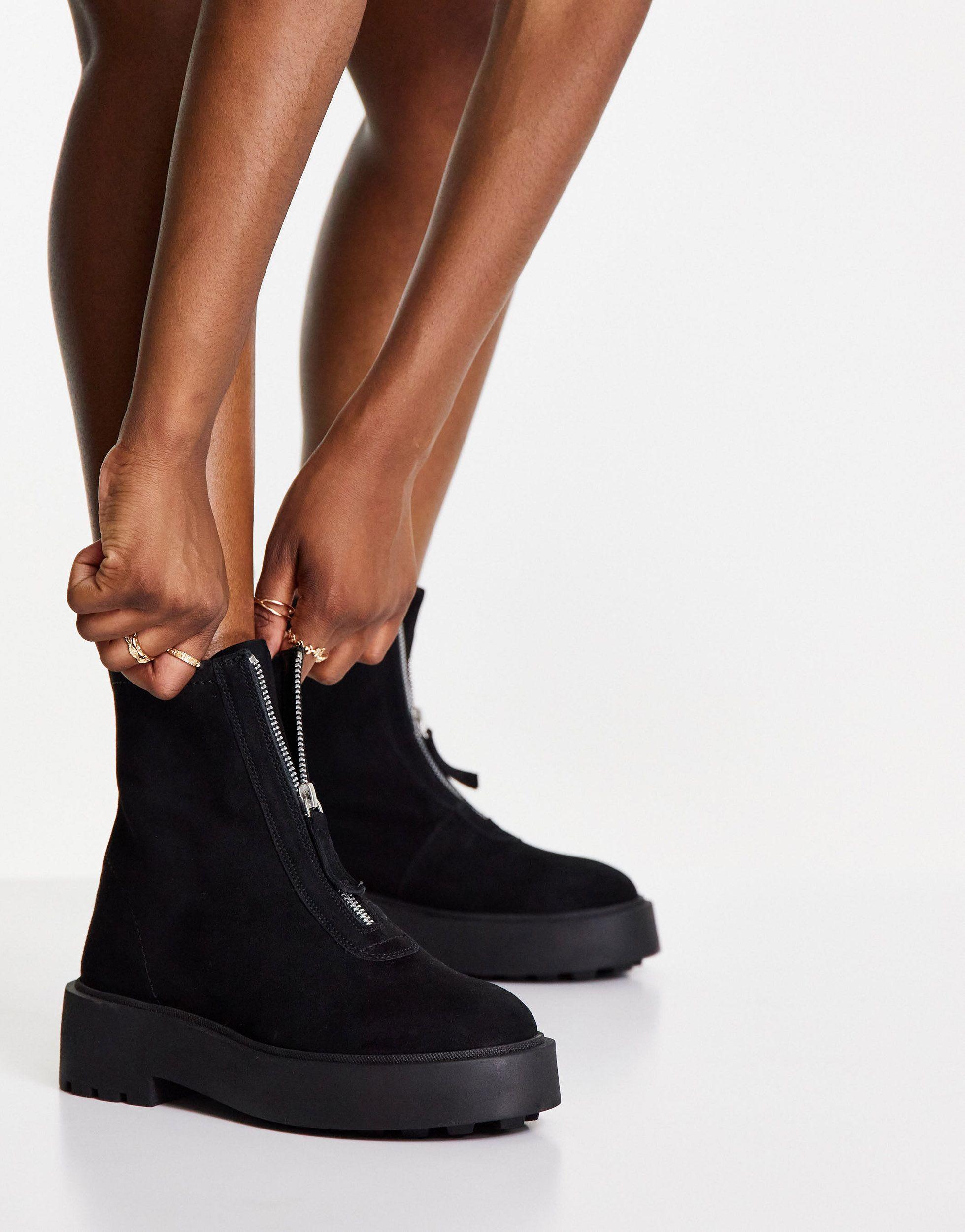 ASOS Ava Leather Front Zip Boots in Black - Lyst