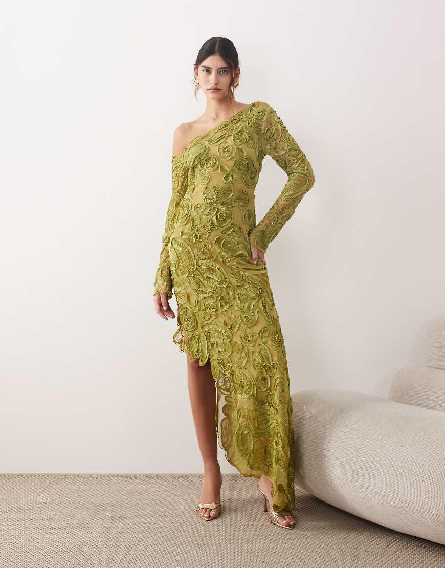 ARRANGE Floral Embroidered And Embellished Off Shoulder Maxi Dress in Green  | Lyst UK