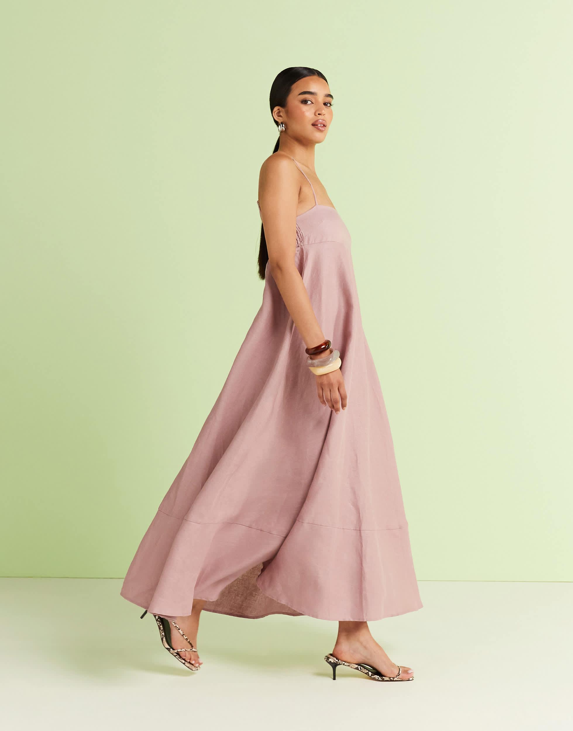 vrg grl behati linen camisole maxi dress in dusty pink Long Pleated Plus-Size Formal Dress with Long Sleeves Rose Gold / 22