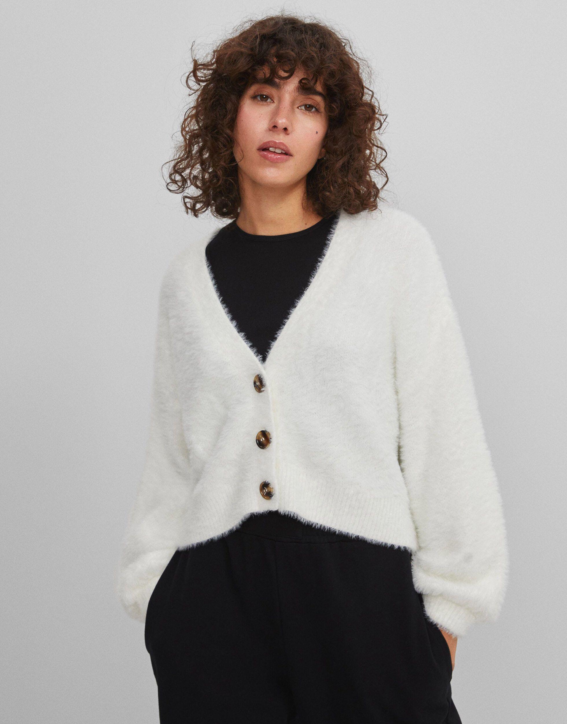 Bershka Fluffy Oversized Cardigan in White | Lyst