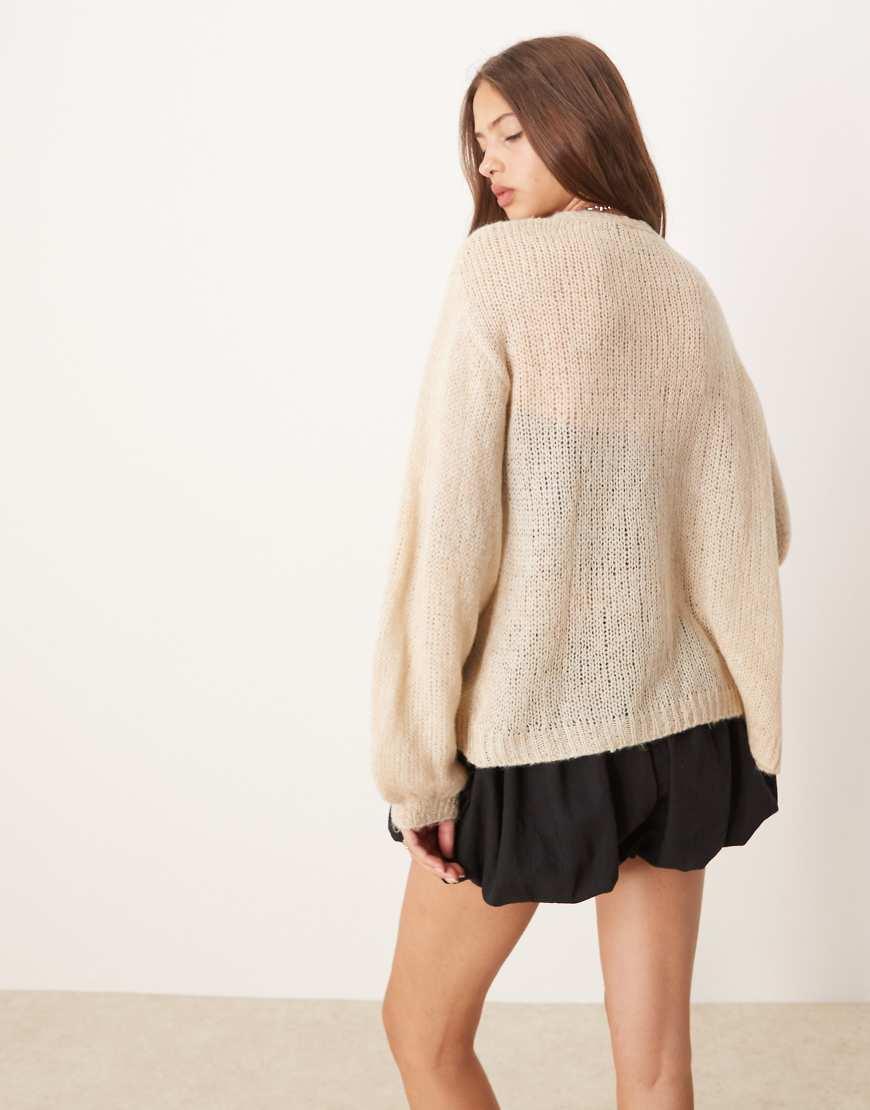 ASOS Fluffy Knit Cardigan With Balloon Sleeve in Natural Lyst UK