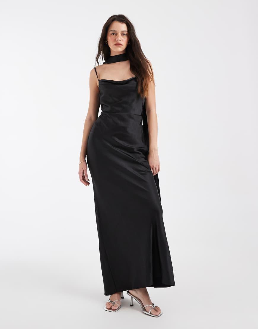 Pretty Lavish Bridesmaid Keisha Satin Cowl Neck Maxi Dress With Scarf in  Black | Lyst UK