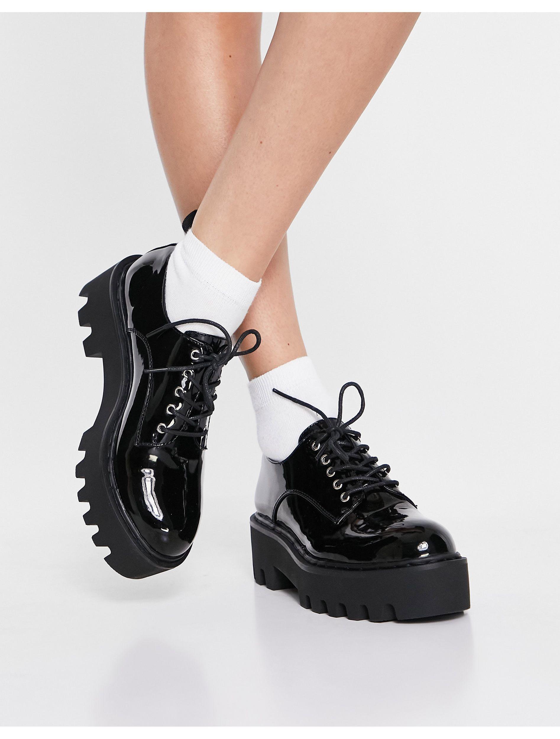 LAMODA Sweet Talk Chunky Lace Up Shoes in Black Patent (Black) | Lyst  Australia