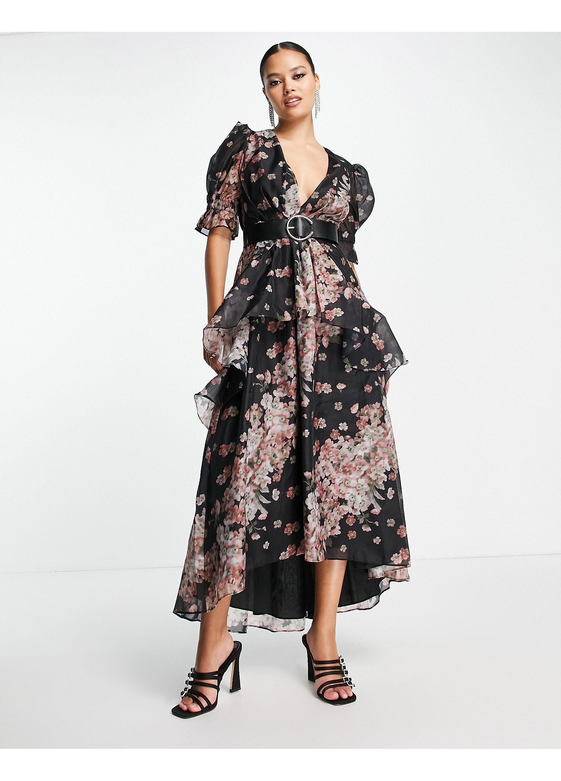 ASOS Dark Sleeve Voile Midi Tea Dress 