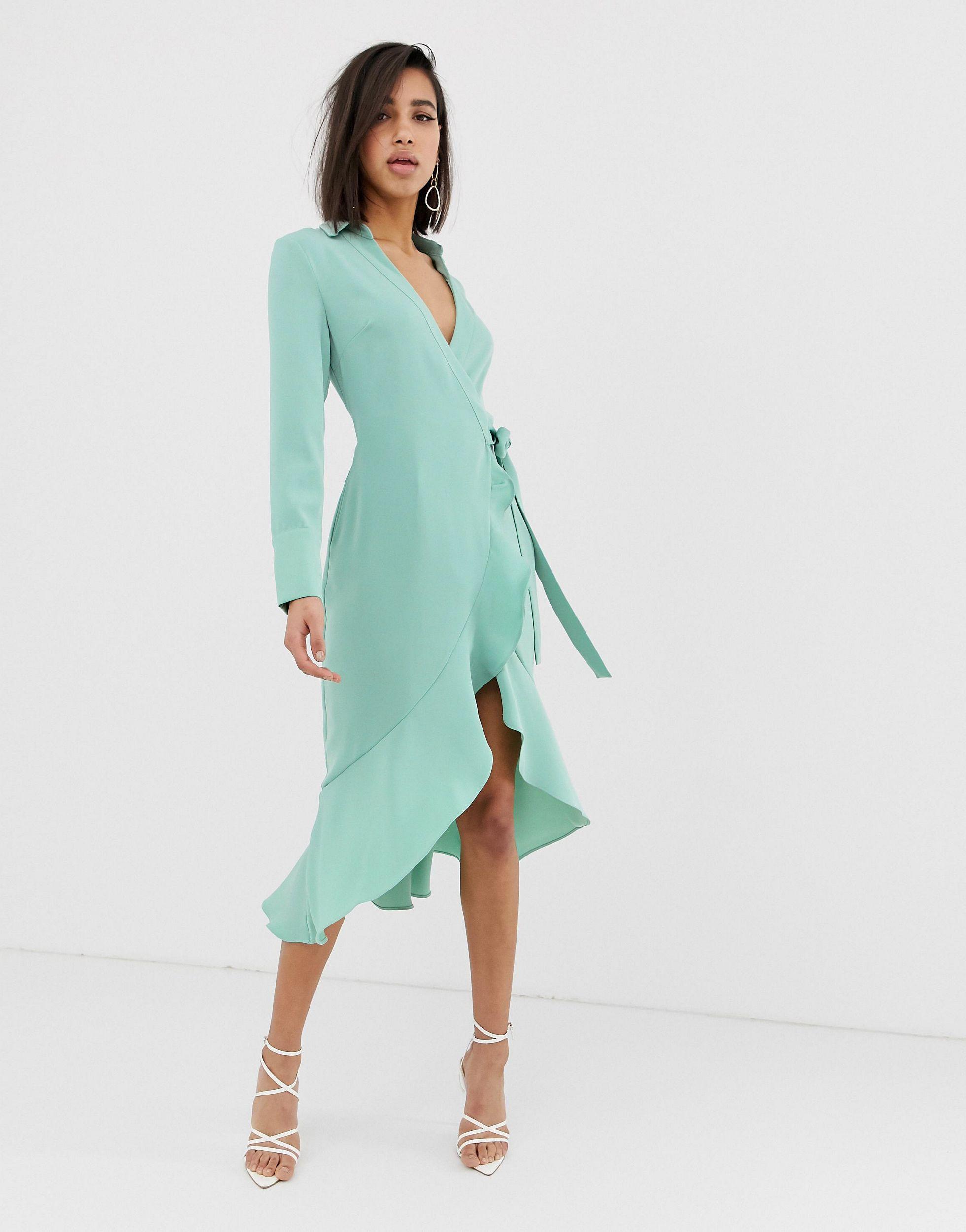 green frill wrap dress