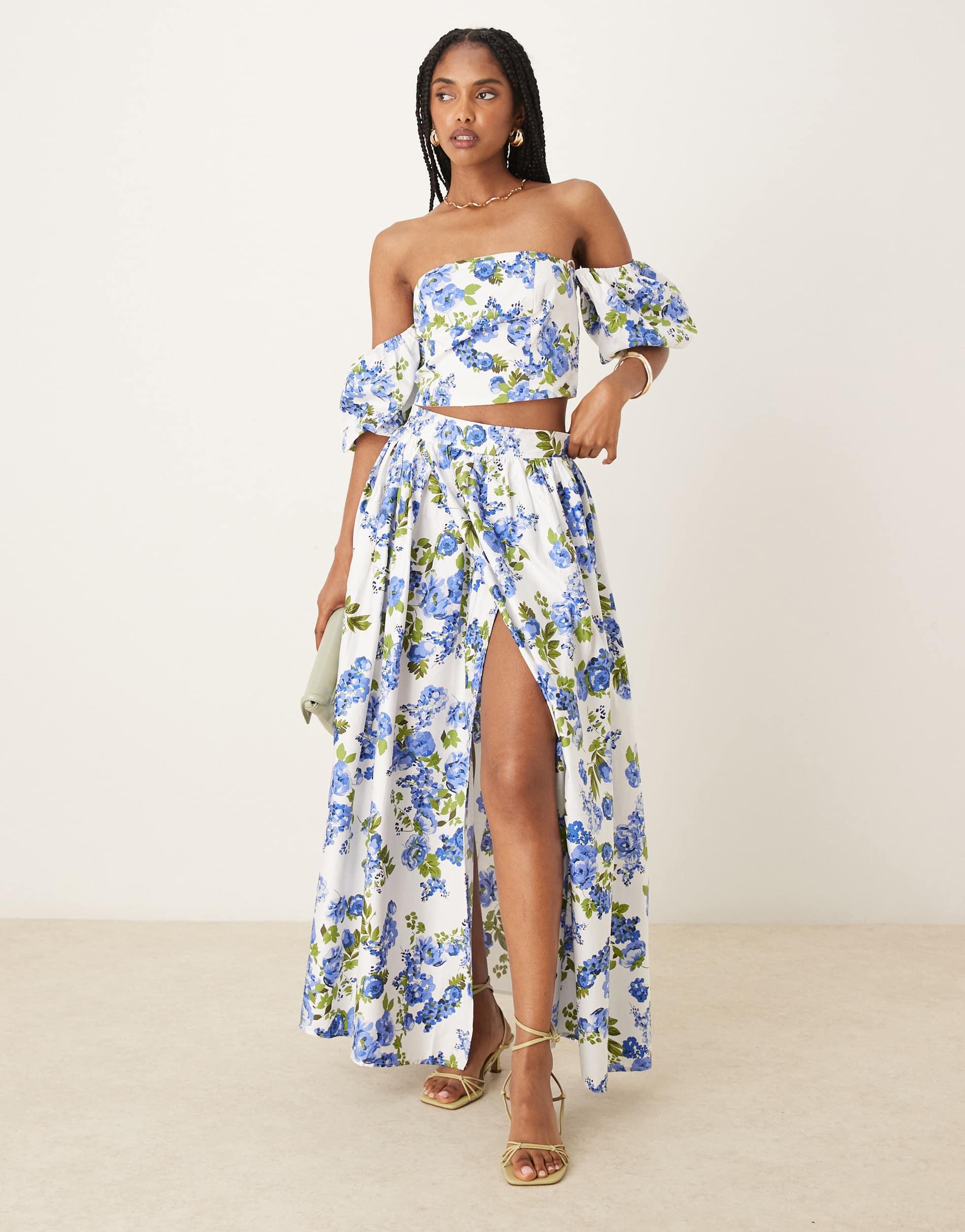 Y.A.S Off Shoulder Volume Sleeve Top Co-ord in Blue | Lyst