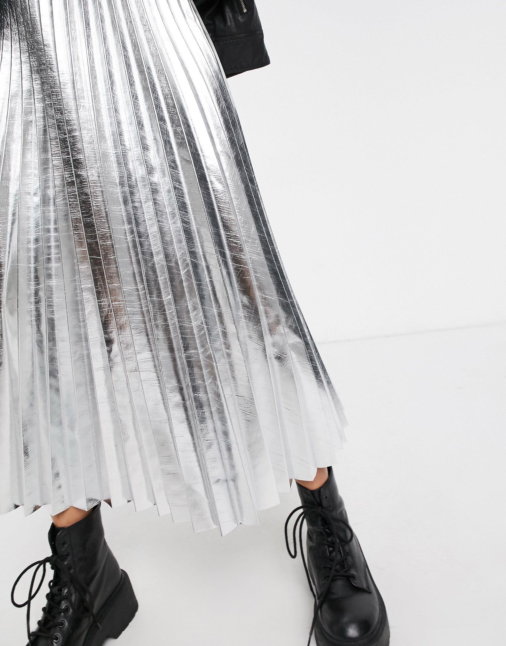 TOPSHOP Faux Leather Pleated Midi Skirt in Silver (Metallic) - Lyst
