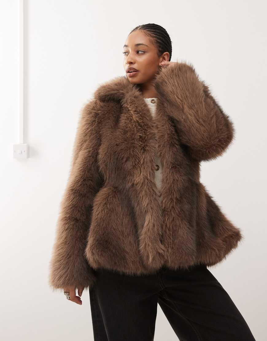 Monki Faux Fur Jacket With Peplum Hem in Brown Lyst UK