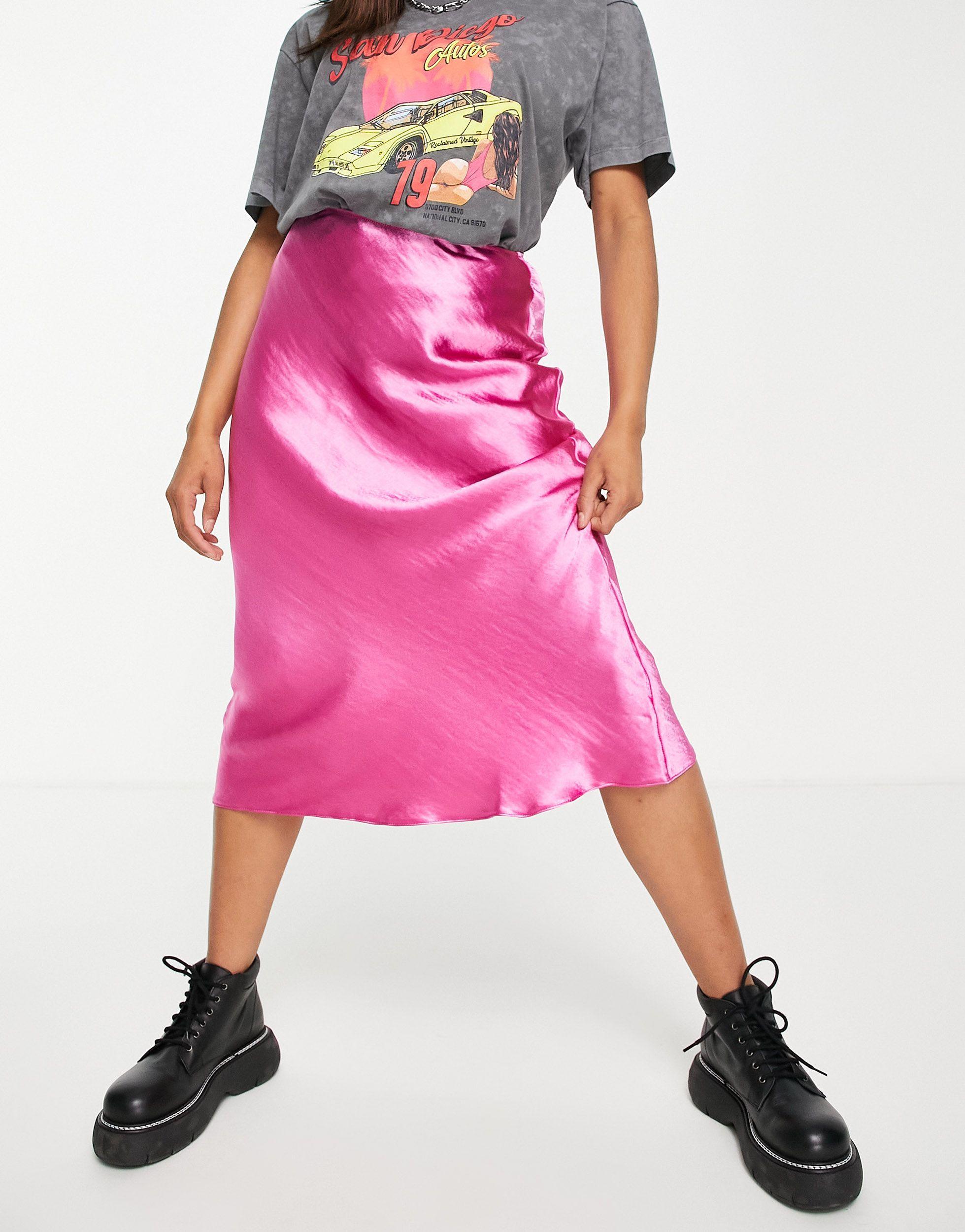 ASOS Satin Bias Slip Midi Skirt in Pink 