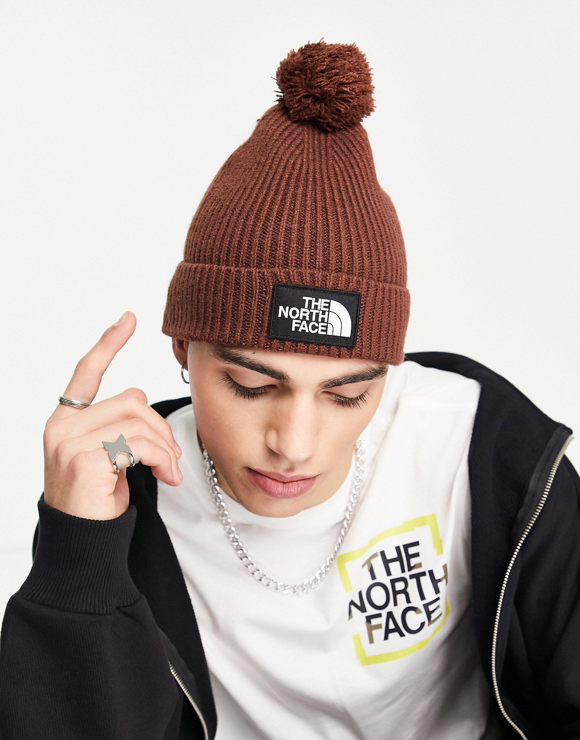 The North Face Box Logo Pom Pom Beanie in Brown for Men | Lyst