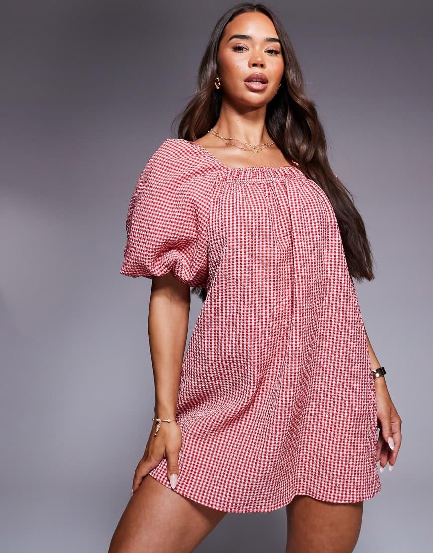 River Island Gingham Puff Sleeve Mini Dress in Pink Lyst UK