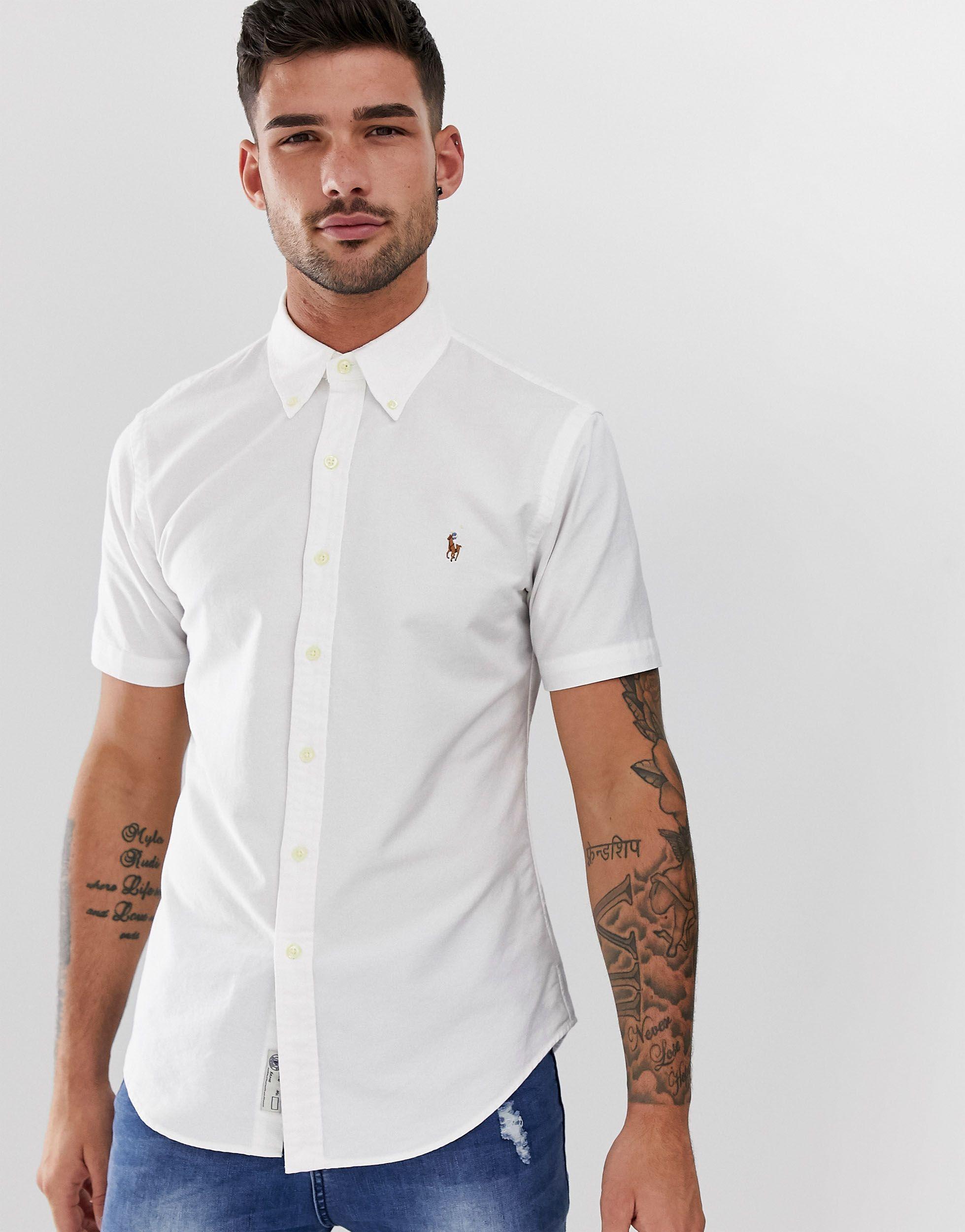 Polo Ralph Lauren Cotton Short Sleeve Oxford Shirt Slim Fit Button Down  Multi Player Logo in White for Men | Lyst