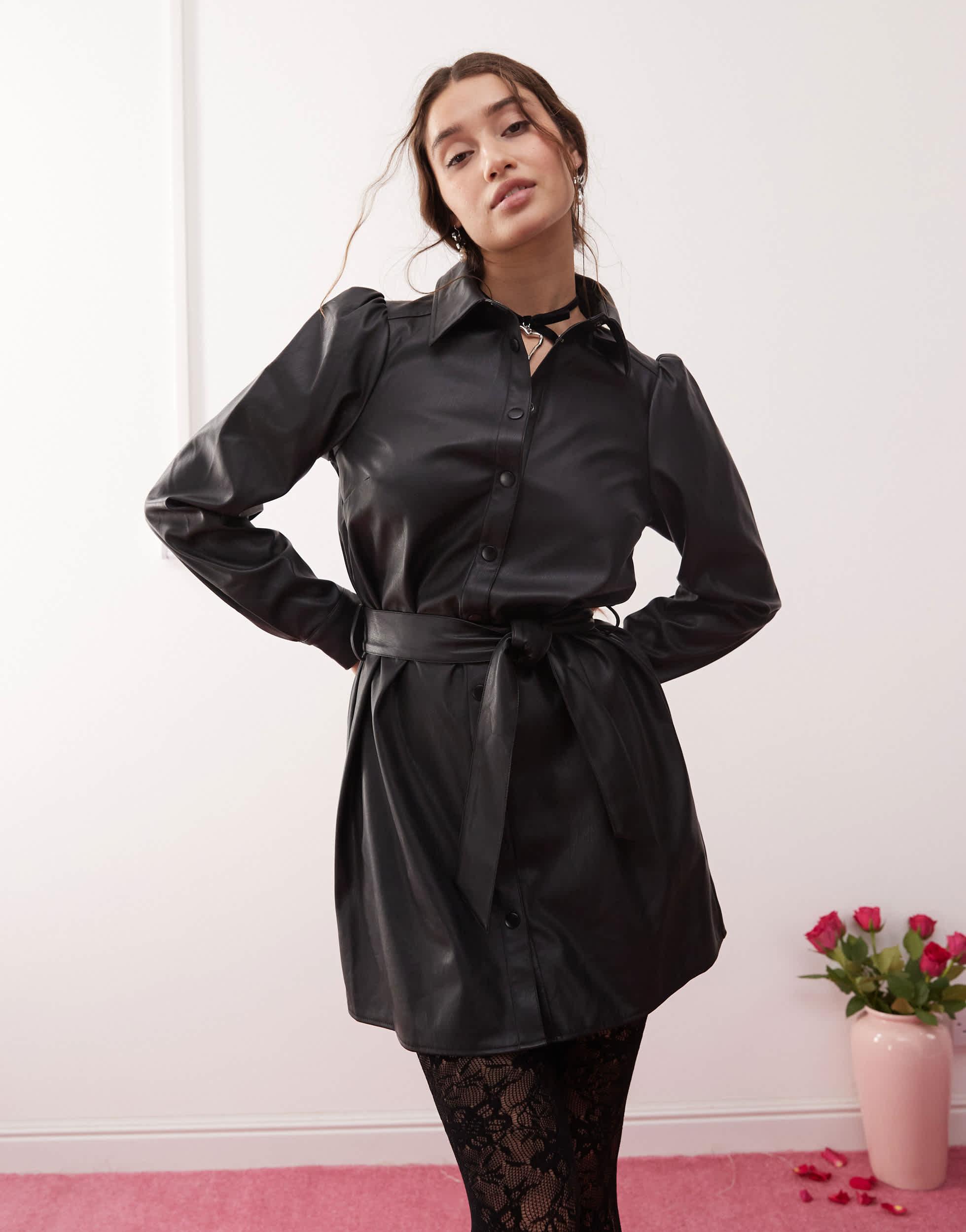 Miss Selfridge Faux Leather Belted Shirt Dress in Black | Lyst
