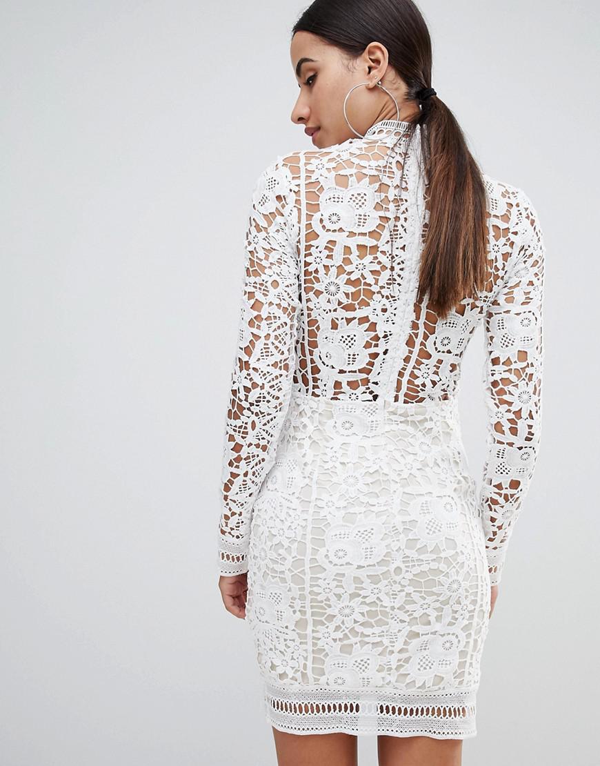 Missguided Crochet Lace Long Sleeve Mini Dress in White | Lyst